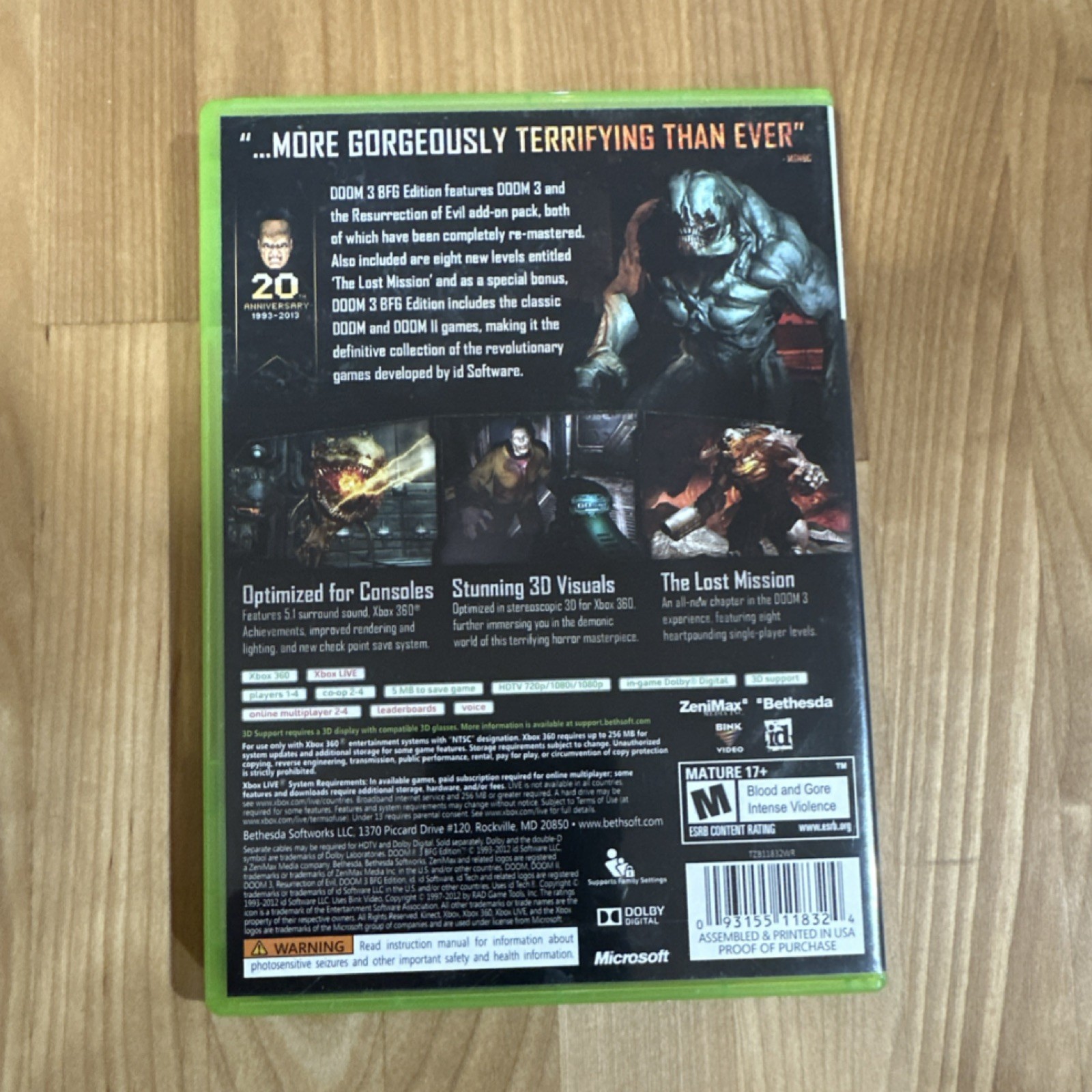 Bethesda Doom 3 BFG Edition Xbox 360 NTSC-U/C Complete 3D Compatible