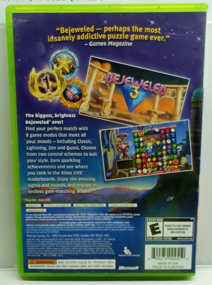 Bejeweled 3 (Xbox 360, 2011) Complete Tested Working – Free Ship