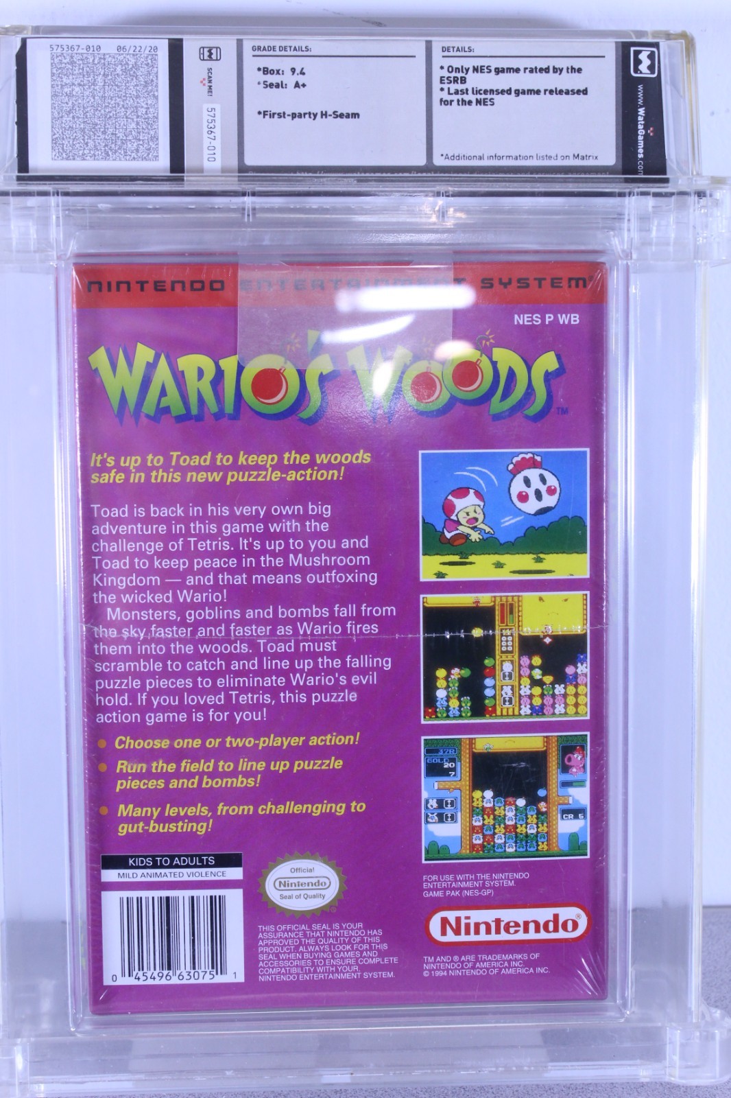 Wario’s Woods Nintendo NES Oval SOQ Factory Sealed New WATA 9.4 A+ Graded