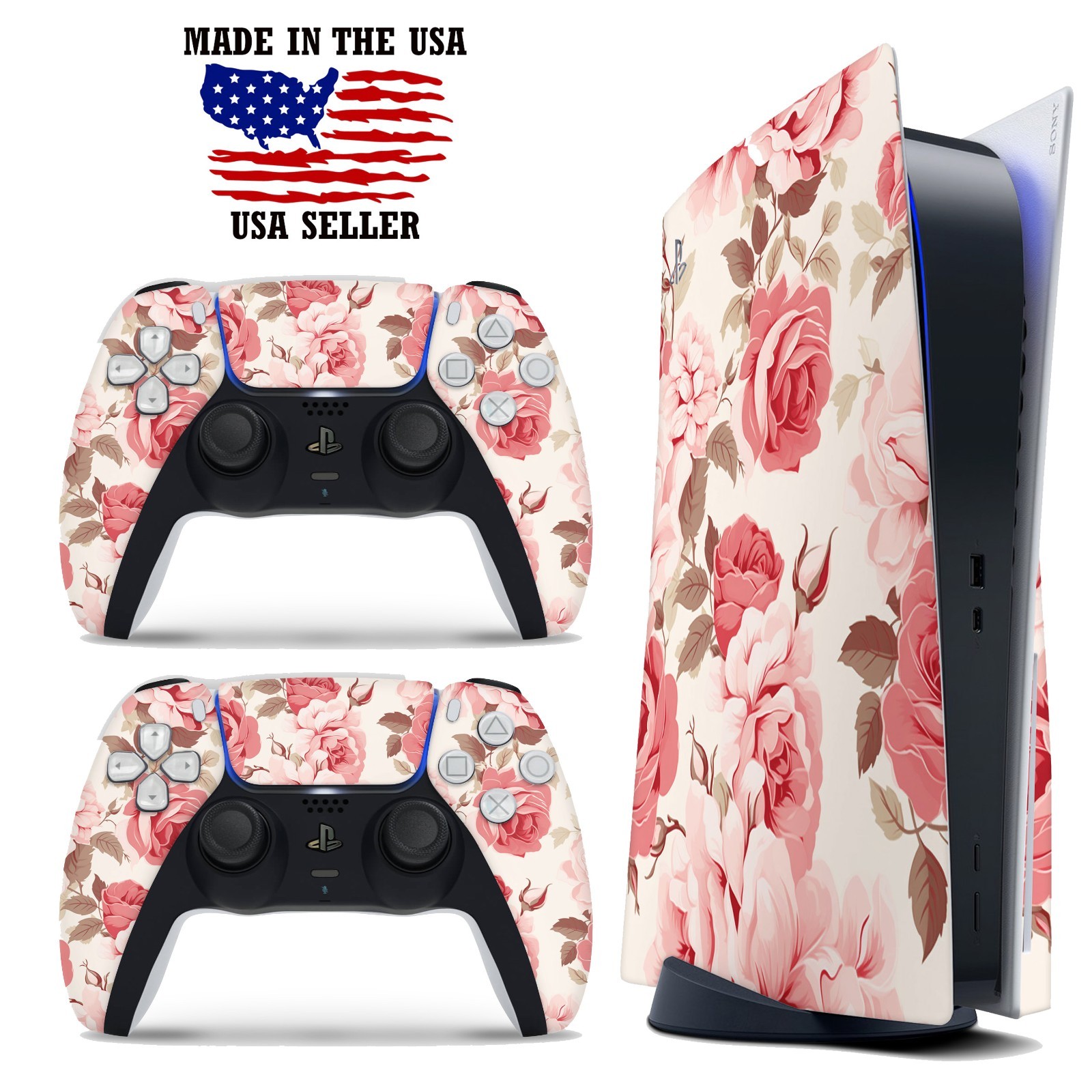 PS5 Disc Version Console & Controller Vinyl Skin Decal Wrap – Rose Flower Roses