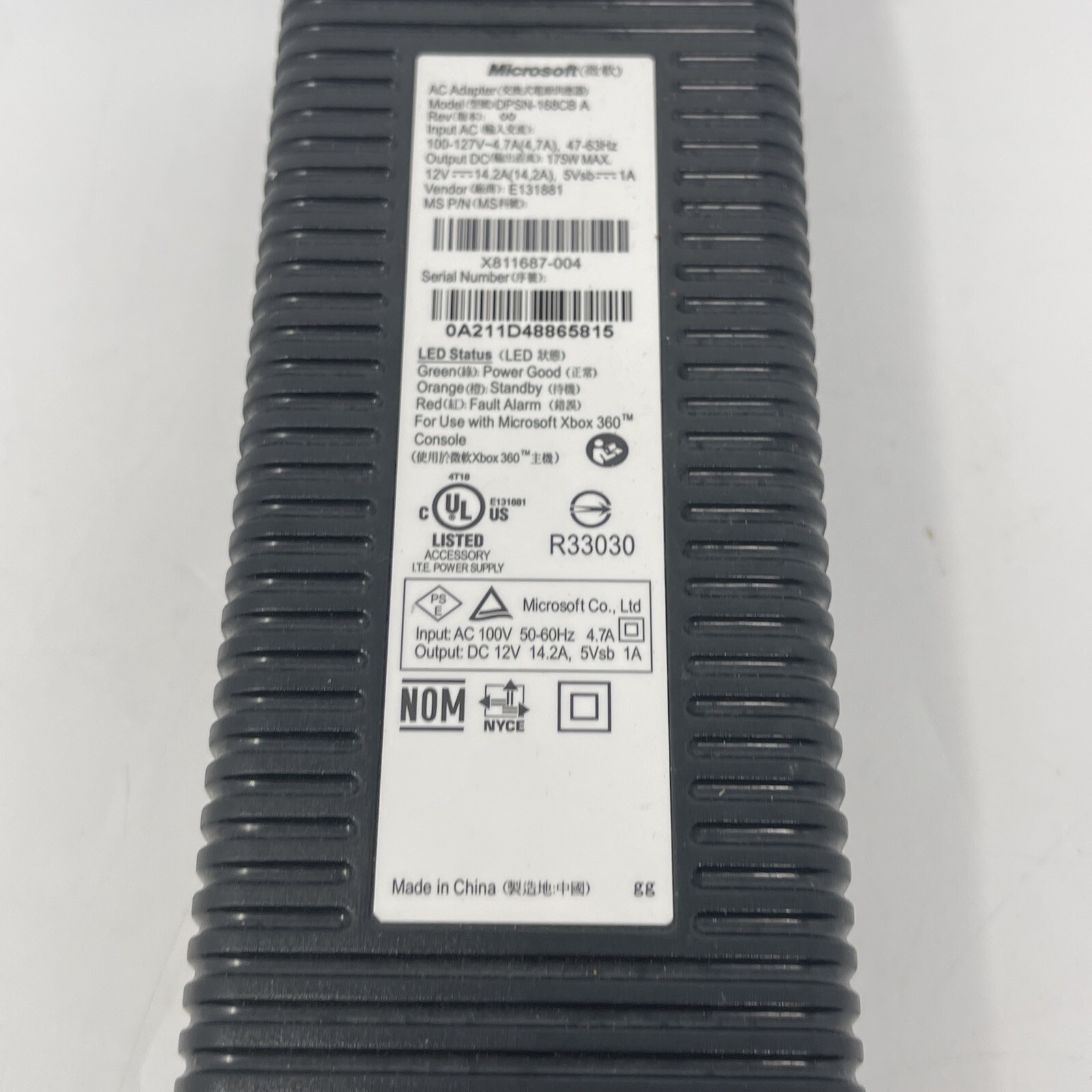 Genuine OEM Microsoft DPSN-168CB A Xbox 360 Power Supply Brick X811687-004