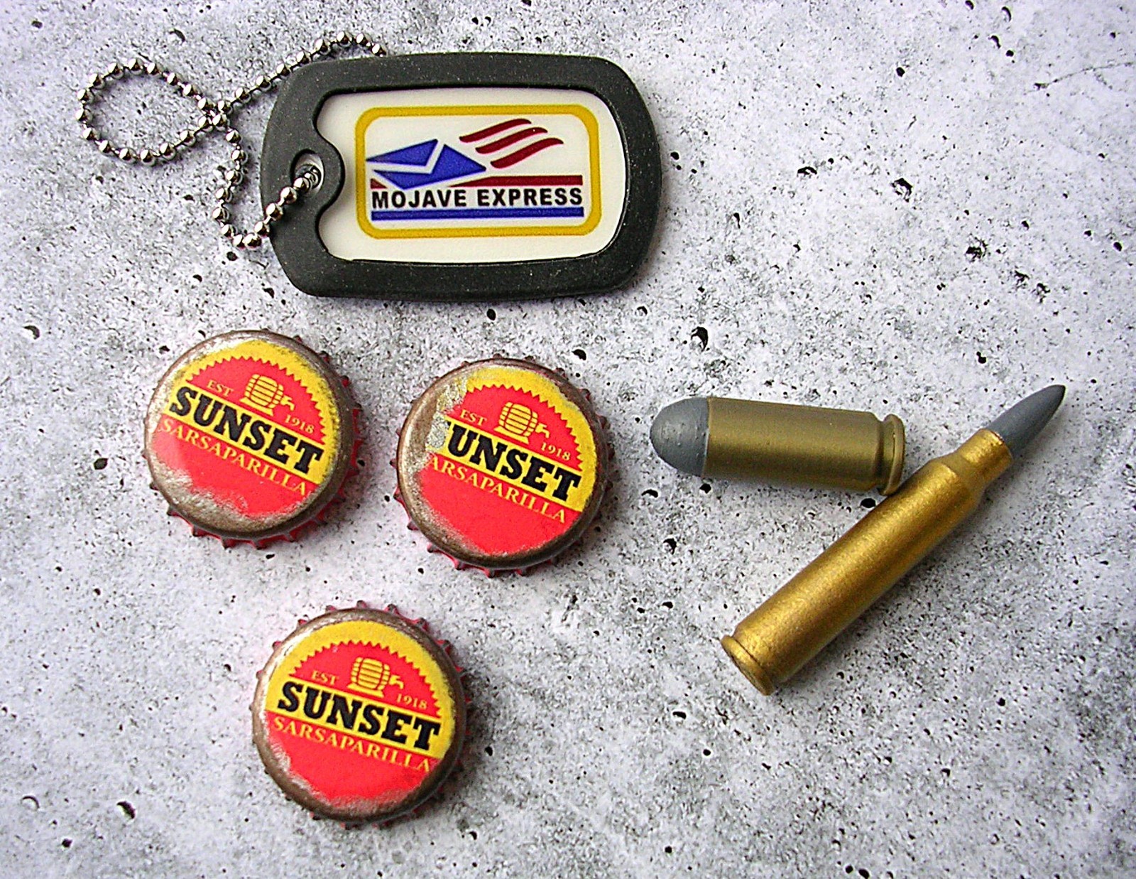 Fallout New Vegas Mojave Express Dog Tag Sunset Caps Ammo in Gift Box