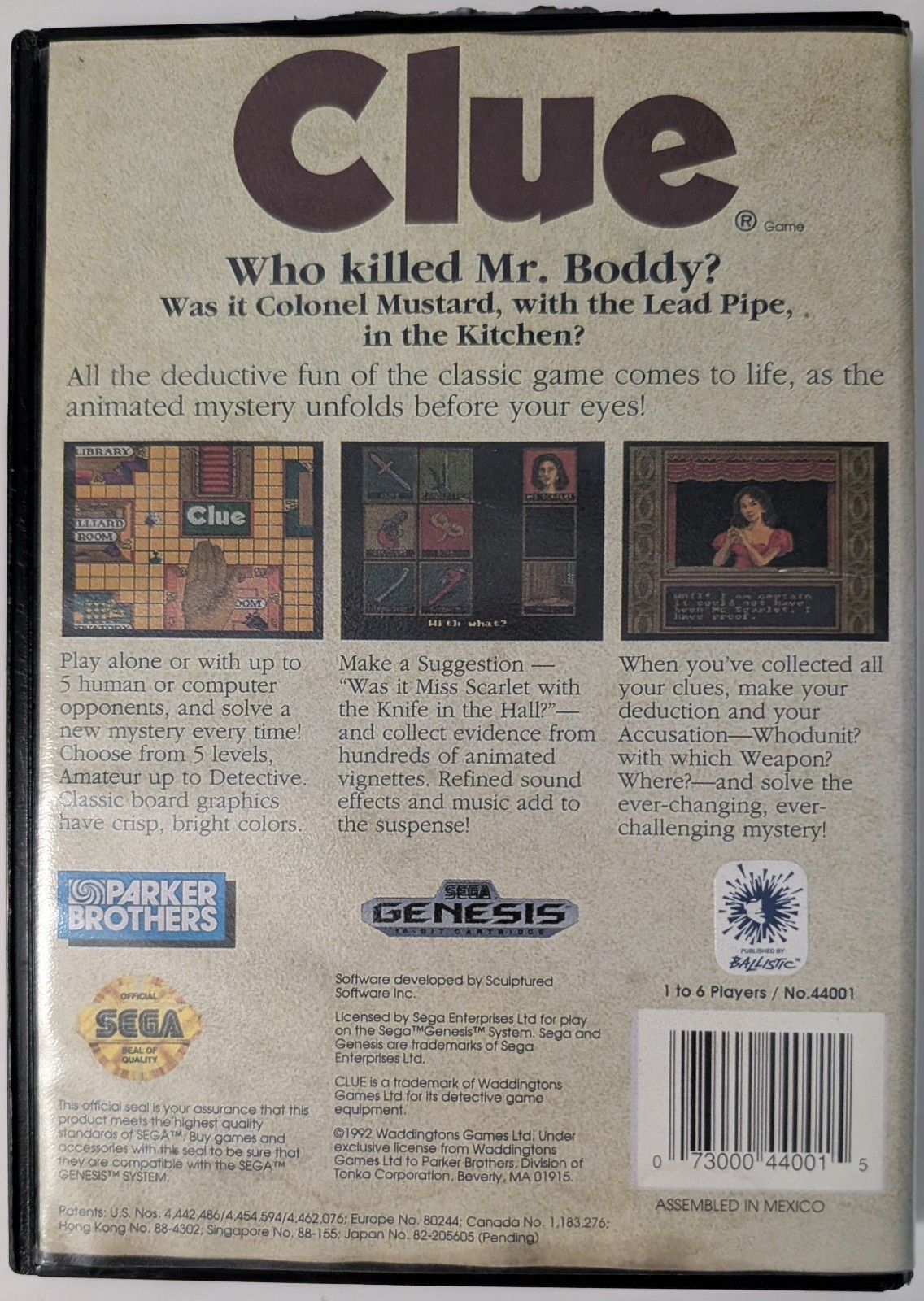 Clue Sega Genesis CIB Cleaned and Tested Working manual has rusty staples