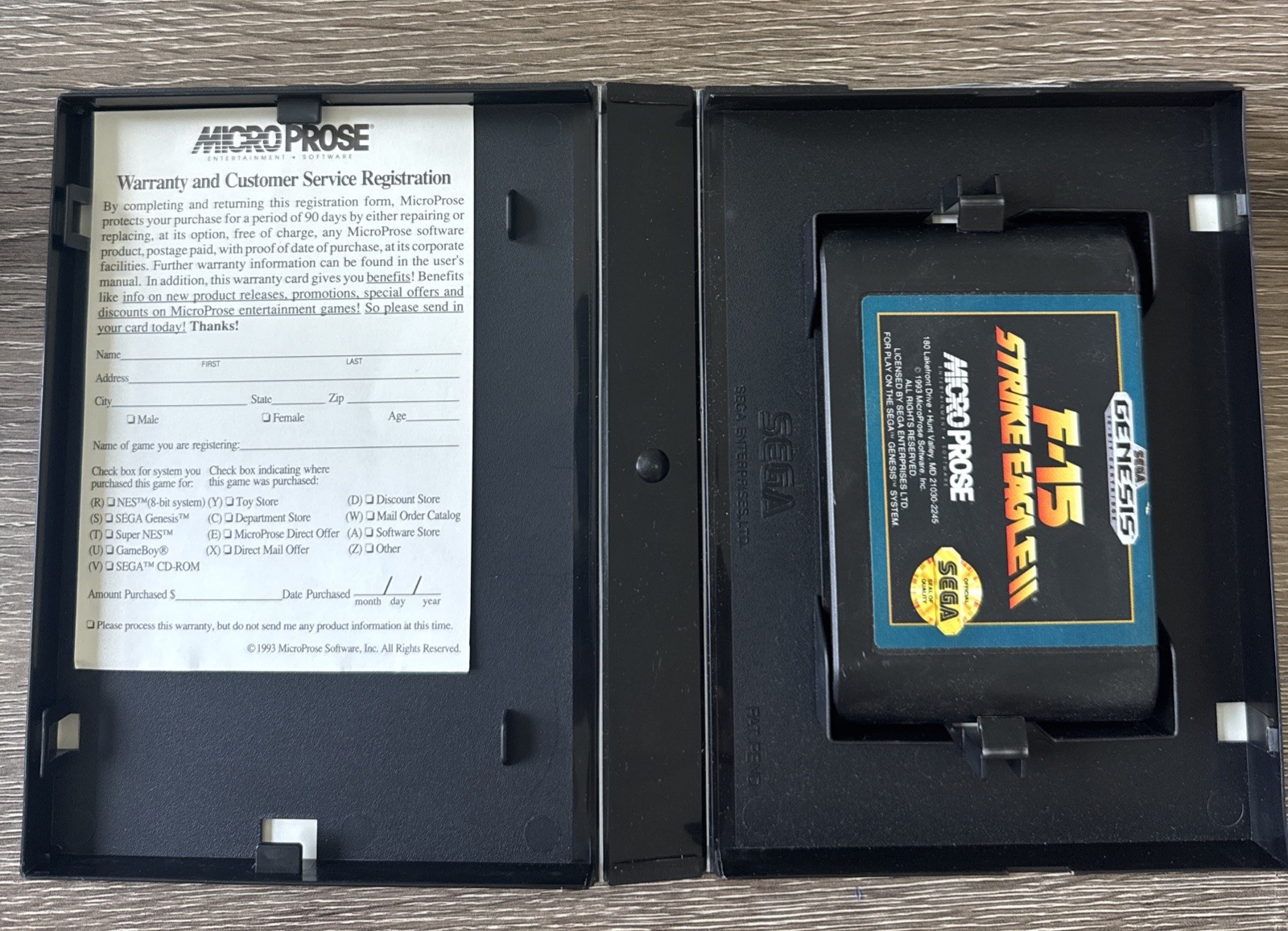 F-15 Strike Eagle II (Sega Genesis, 1993) Micro Prose Warranty Form No Manual