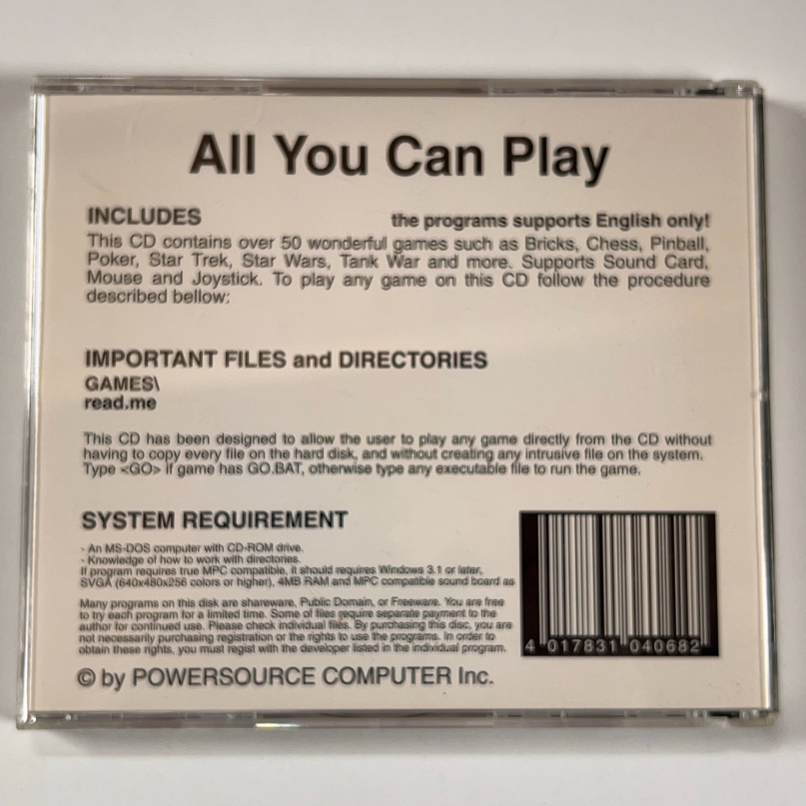 VTG All You Can Play PC CD-ROM 50+ Games Shareware Collection MS-DOS Windows 3.1