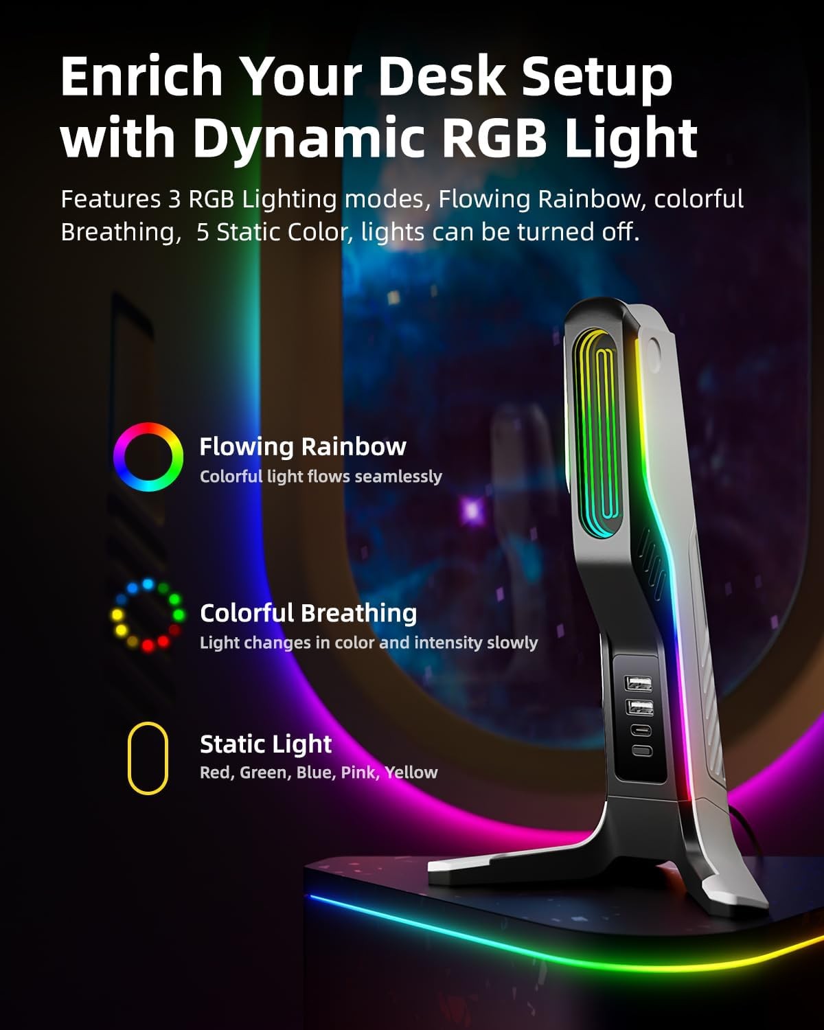 RGB Gaming Headset Stand with 2 USB and 1 C Ports Game Headphone Mount for PC