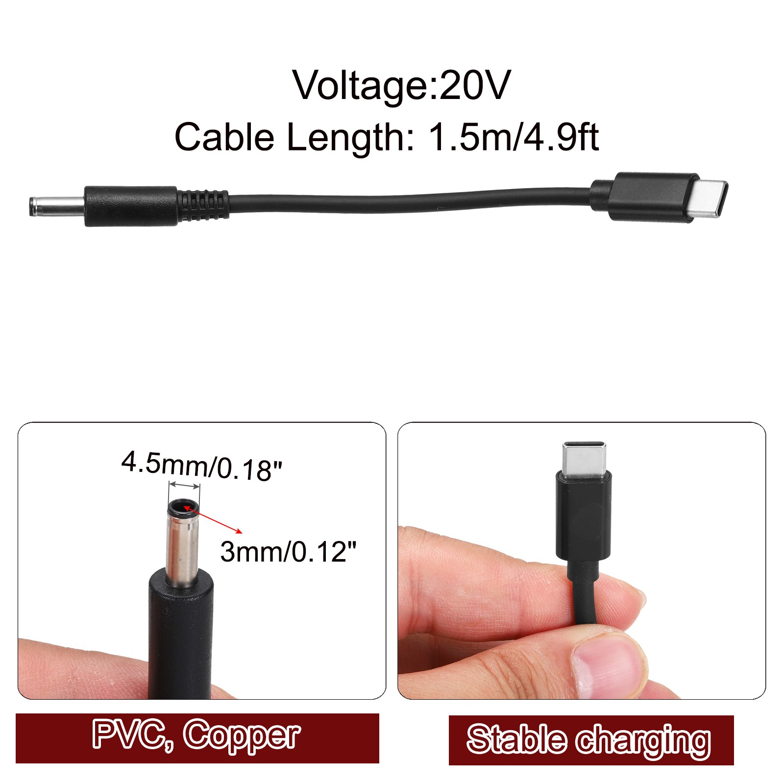 4.9FT USB C to DC PD Power Fast Charging Cable, 4.5mmx3mm 65W/20V(Black)