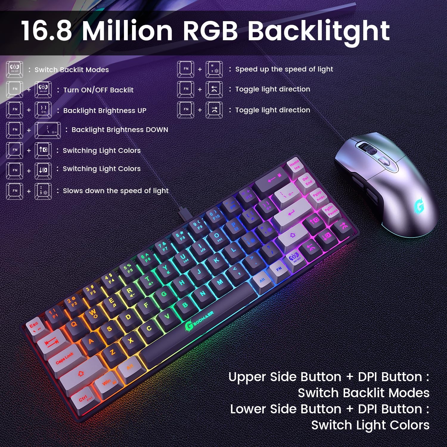 GEODMAER 65% Gaming Keyboard and Mouse Combo, Black Gray
