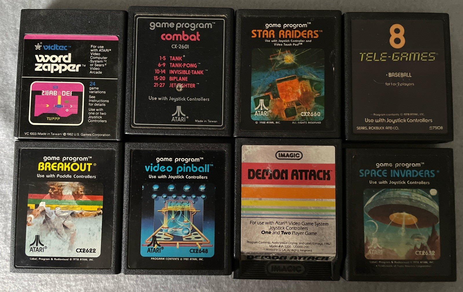 Lot Of 8 Atari Games – Word Zapper, Breakout, Demon Attack, Combat **Tested