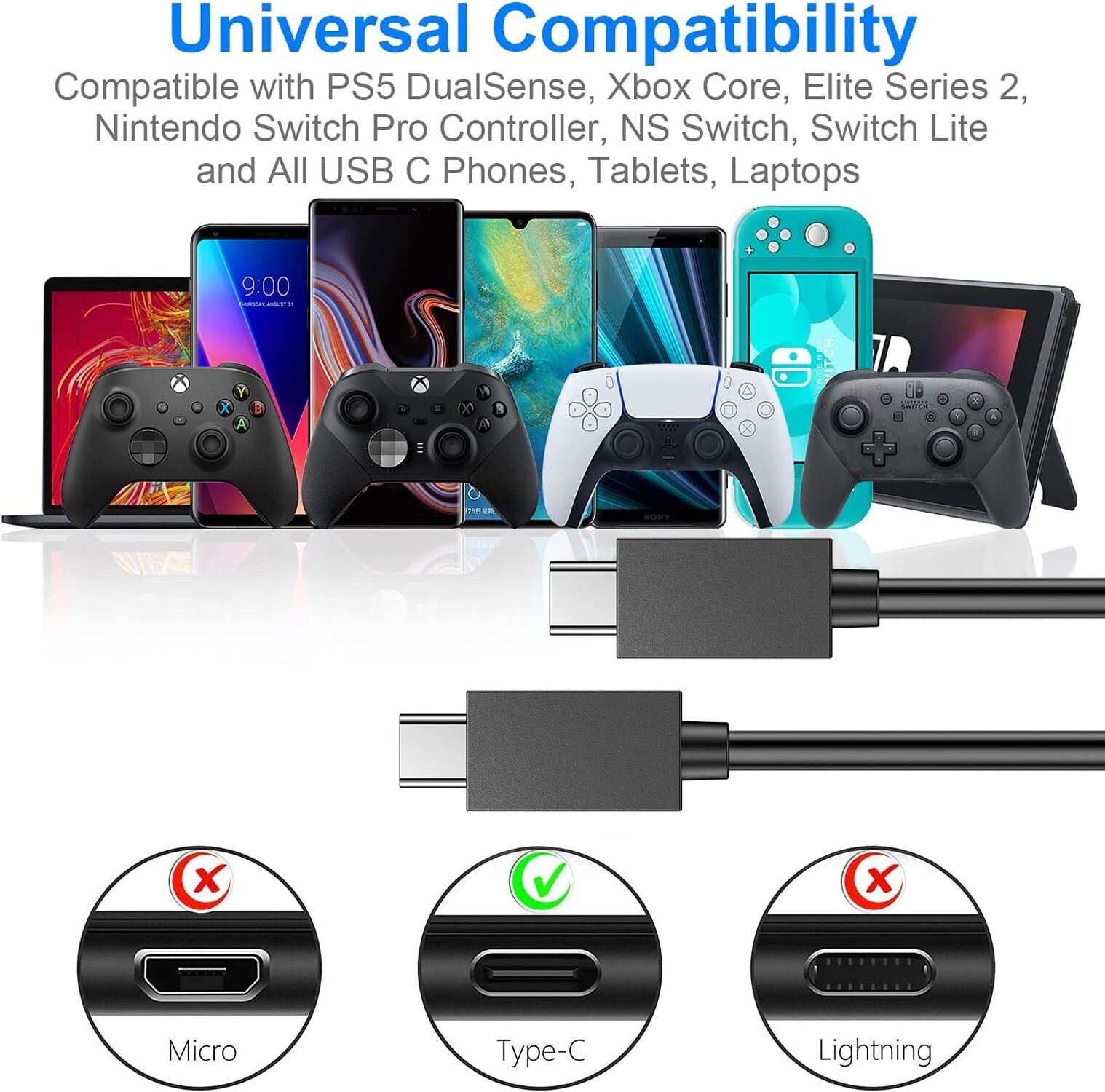 PS5 Controller Charger – 2 Pack 5FT OEM Original 3A Fast Charging Cable US