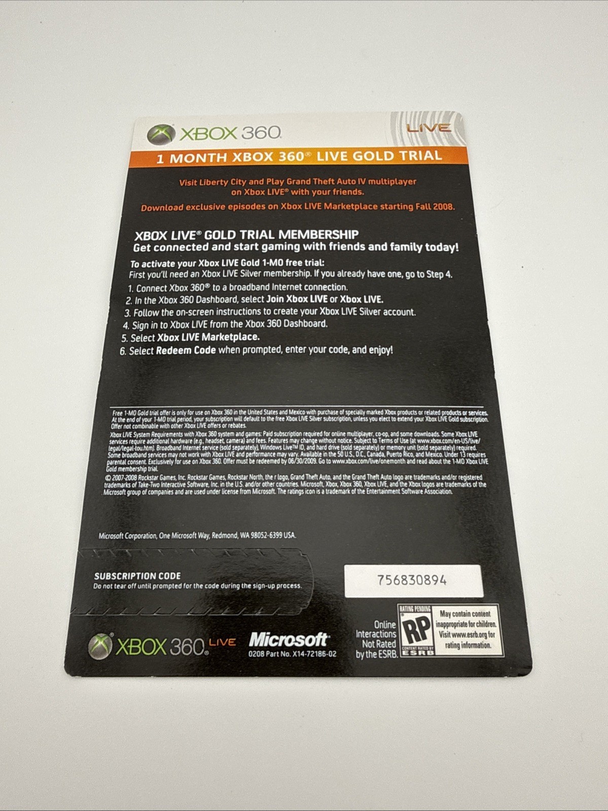 New Unscrathed Free 1 Month XBOX 360 Card Grand Theft Auto IV LIVE GOLD TRIAL