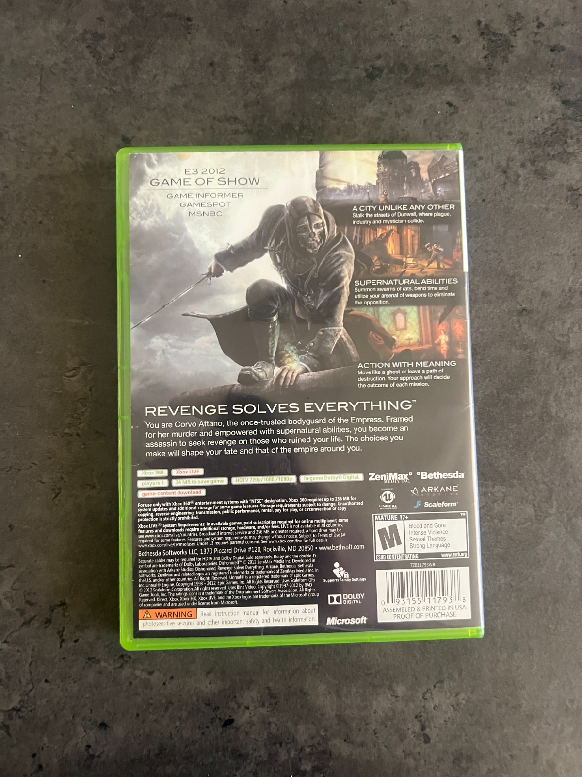 Dishonored Xbox 360 Game, 2012 CIB – New replacement case