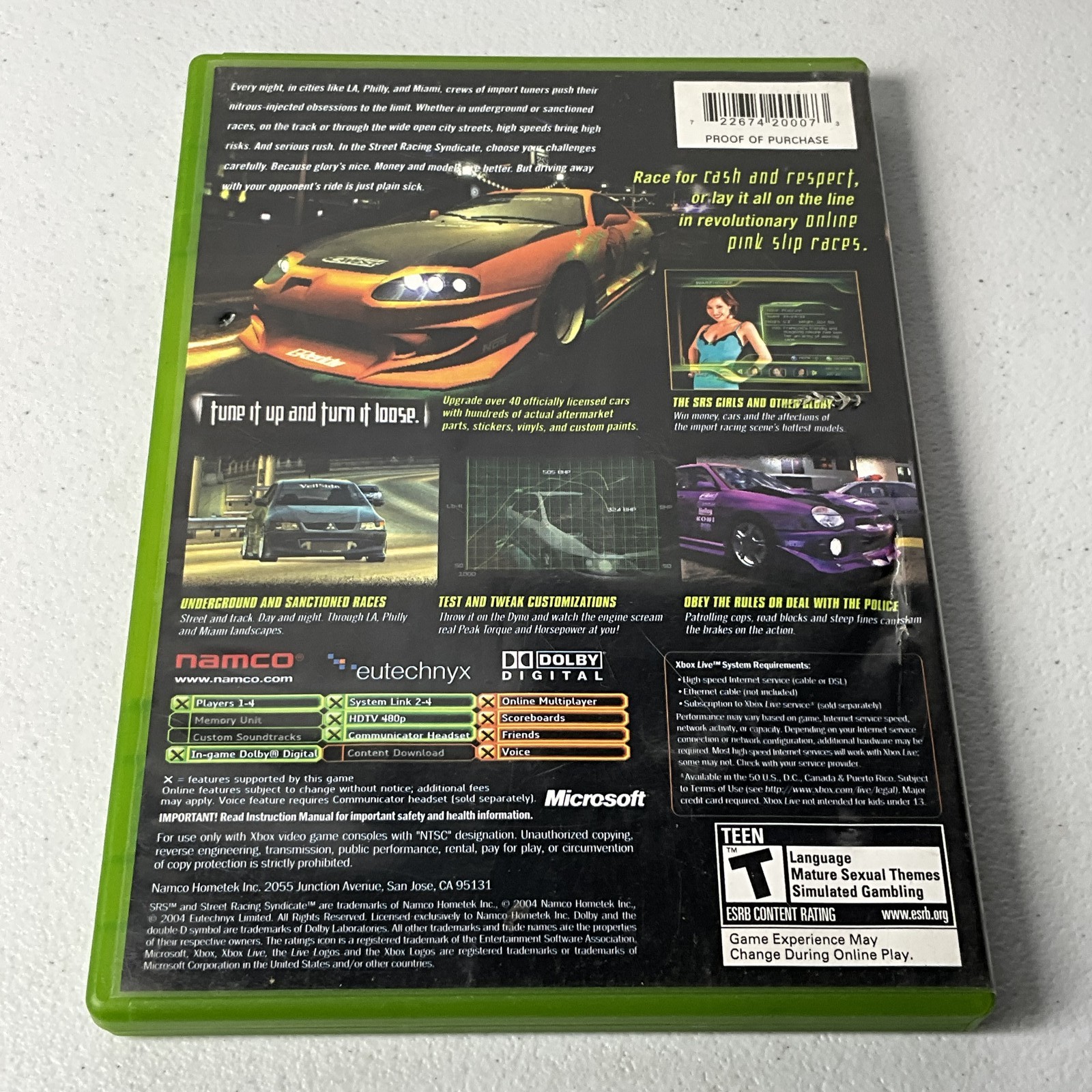 SRS Street Racing Syndicate Microsoft Xbox Original Video Game Namco Racing T