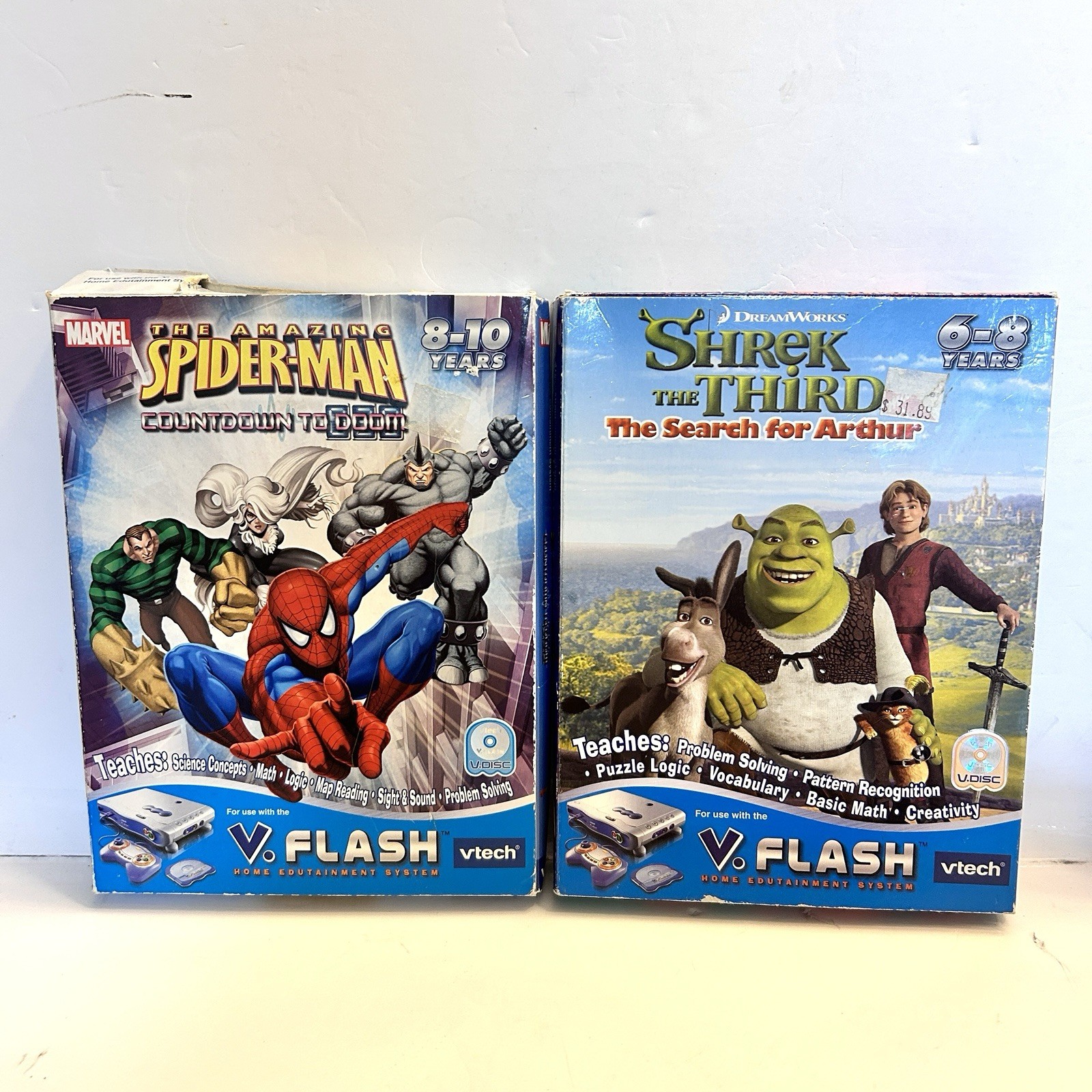 Vtech V.Flash Video Game Lot (4) Scooby-Doo, Cars, Spider-Man, Shrek the Third