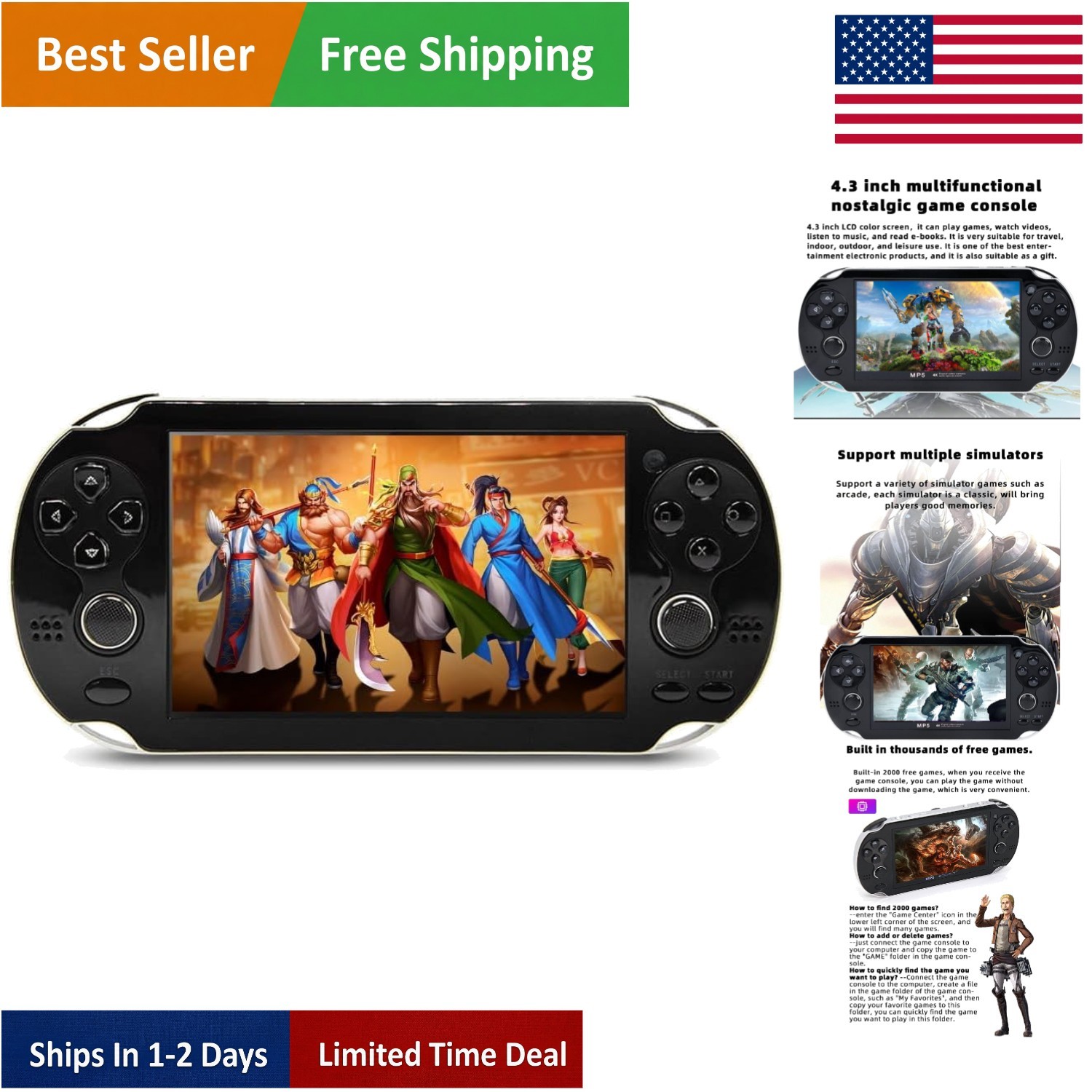 Portable 4.3-Inch Game Console with Double Joystick & Built-in 2200 Games