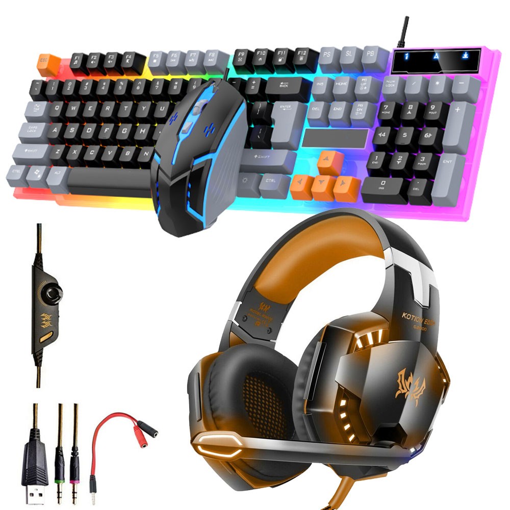 3 IN 1 PC Gaming Keyboard Mouse Gaming Headset Set RGB LED Backlit USB Wired