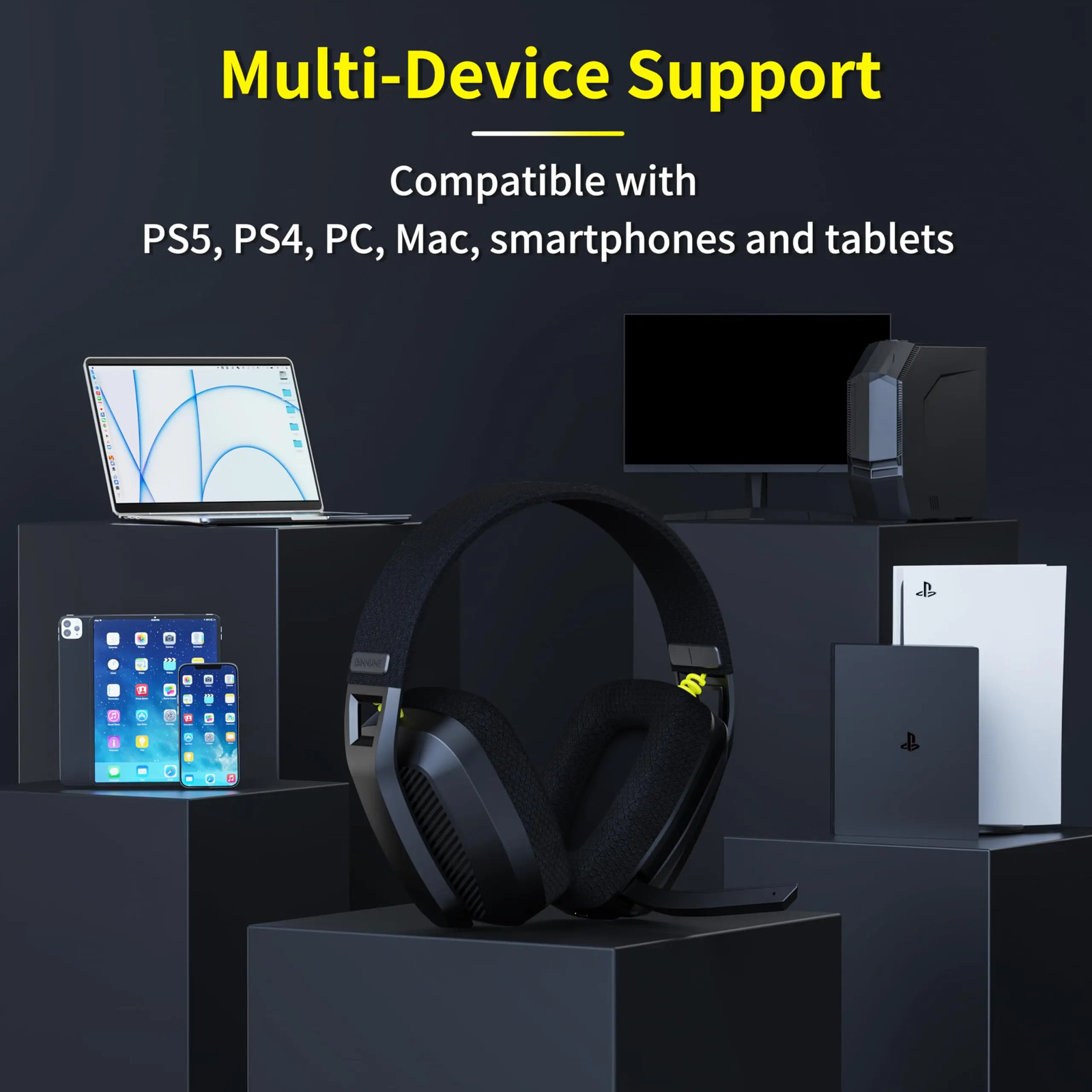 BINNUNE BW06 Wireless Gaming Headset 2.4GHz + Bluetooth PS5 PS4 PC Mac 48hr