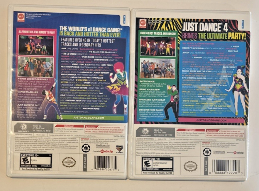 Just Dance 3 and 4 Nintendo Wii, With Manuals, Inserts & Cases. 2 Game Lot