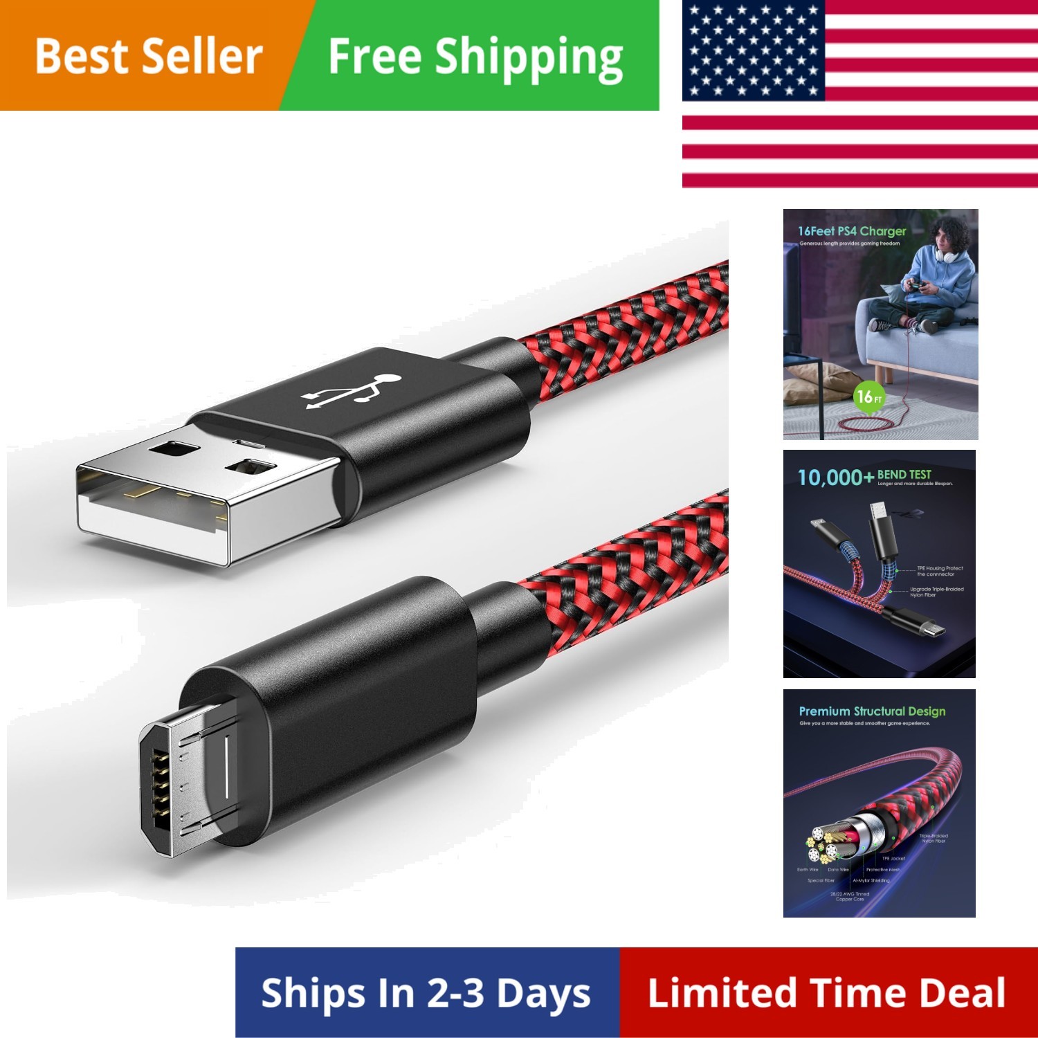 16 FT PS4 Controller Charger Charging Cable, Nylon Braided Extra Long Micro U…
