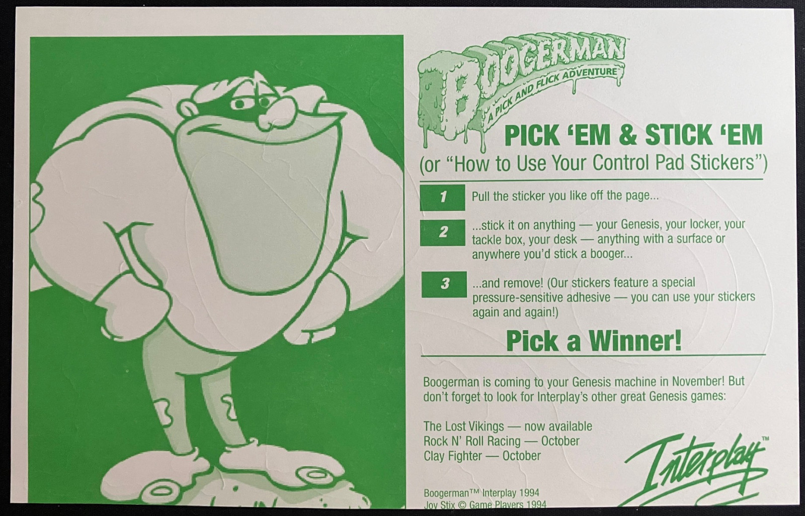 Game Players 1994 Boogerman Pick ‘Em & Stick ‘Em Control Pad Stickers MINT RARE