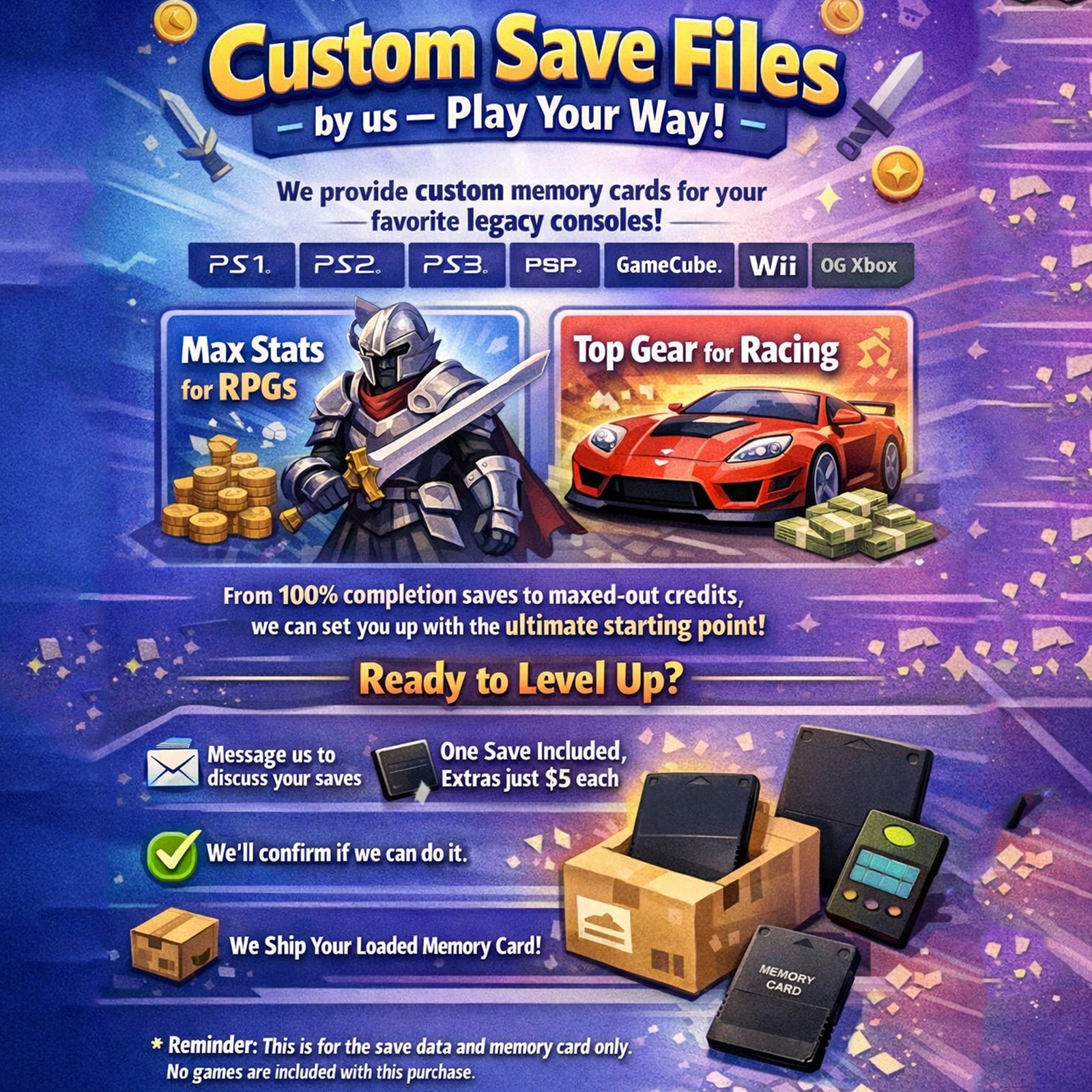 Unlocked 100% Custom Memory Card PS1 PS1 PS3 PSP GameCube Wii XBOX