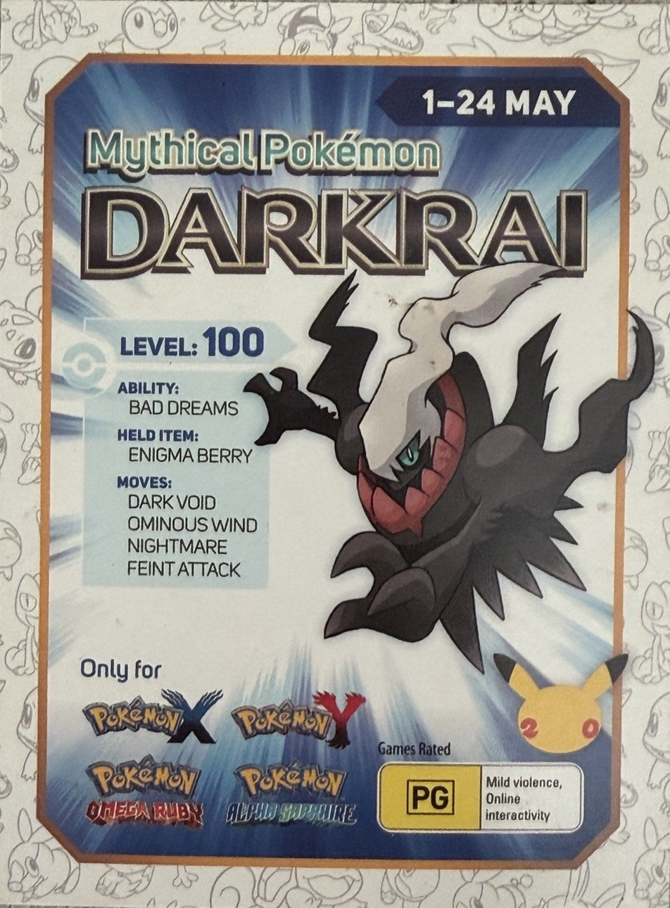 Mythical Pokemon Darkrai Scratch Off Promo Card – 2016 – Unscratched – Expired