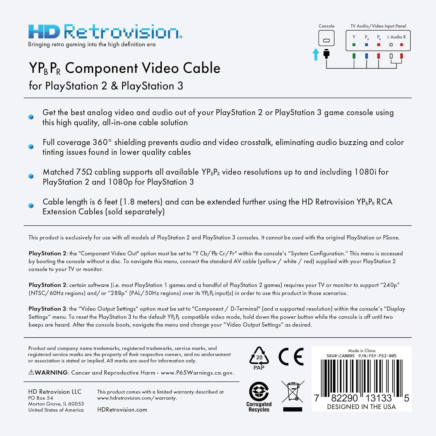 hd retrovision playstation 2/3 (ps2/ps3) premium ypbpr component video cable