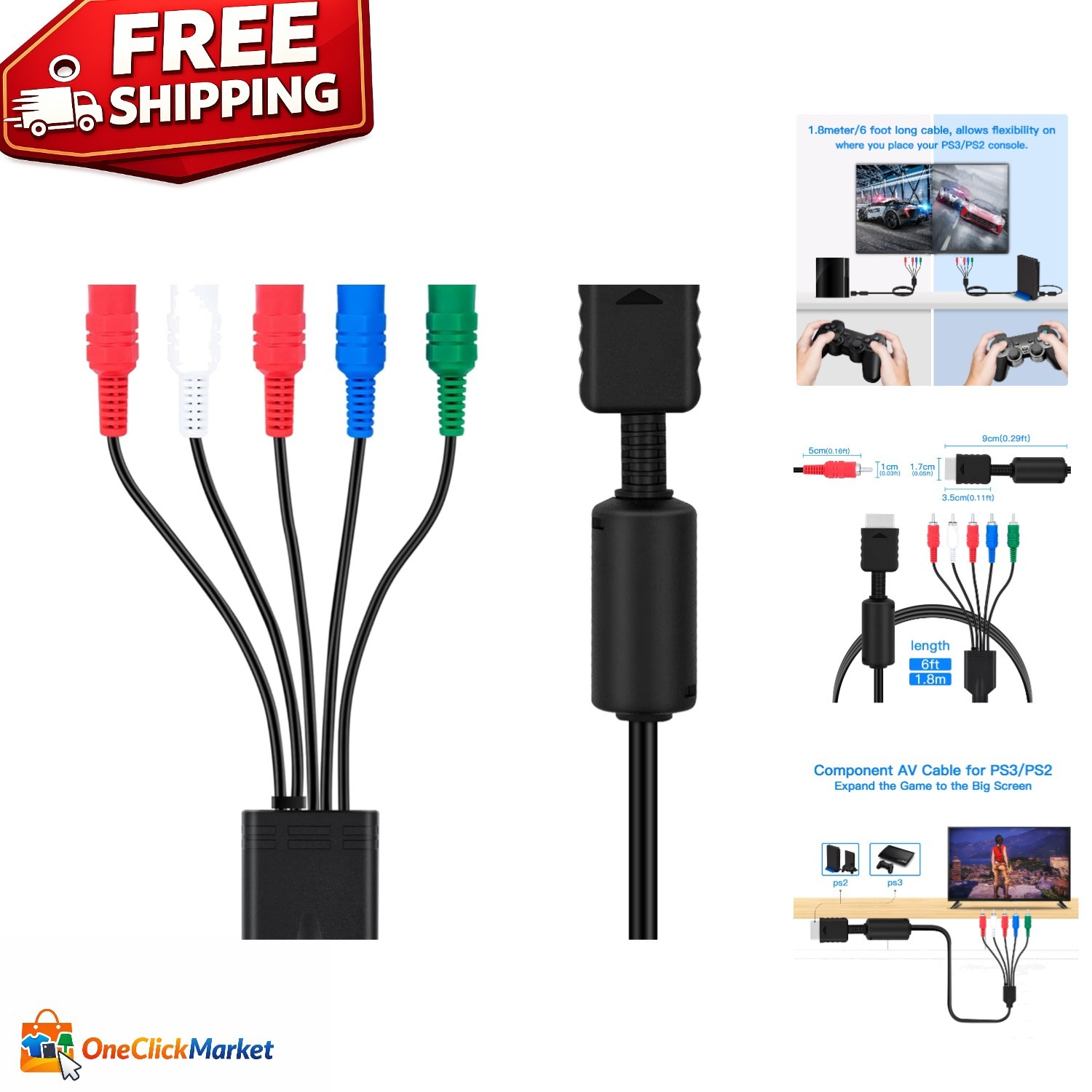 6FT HD AV Component Cable for PS2/PS3 – Enhance Your Gaming Experience