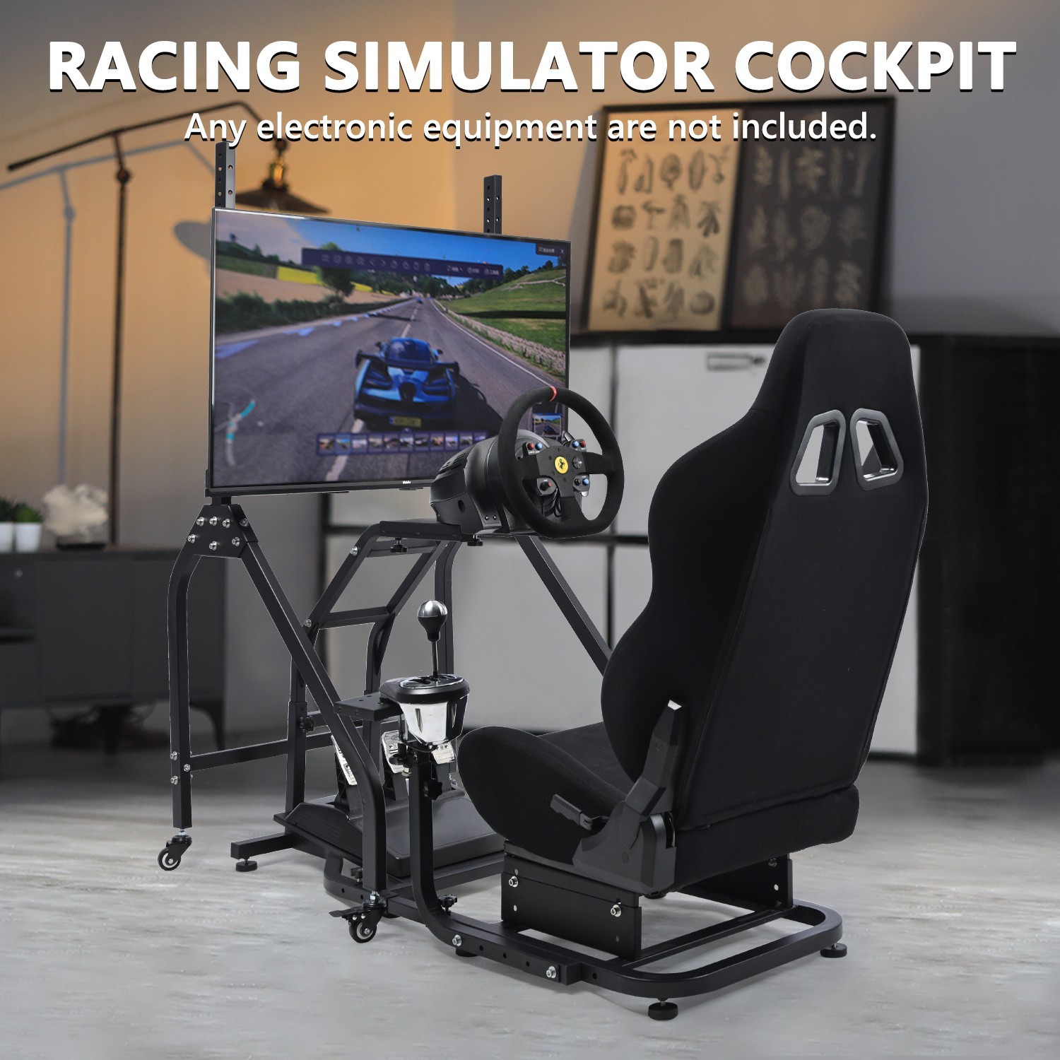 Marada Racing Simulator Cockpit With Black Seat And Monitor Stand For Logitech