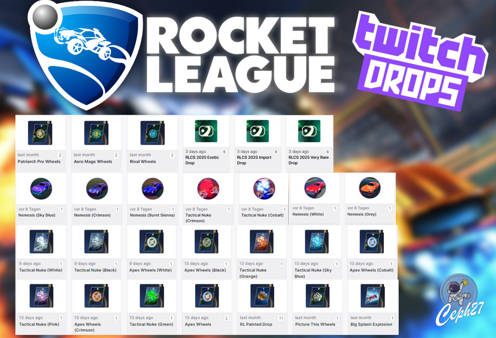 Rocket League Twitch Drops – 97 Items – Wheels + Explosions + 20 Packs + MORE