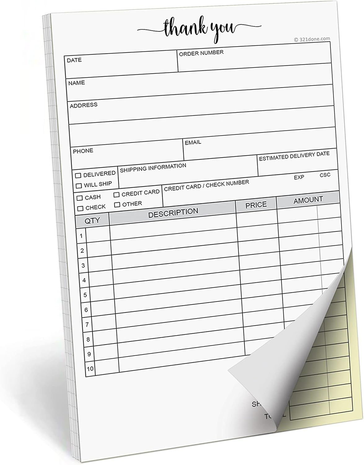 321Done 2-Part Carbonless Thank You Receipt Pad 5.5X8.5, Made in USA, Carbon Cop
