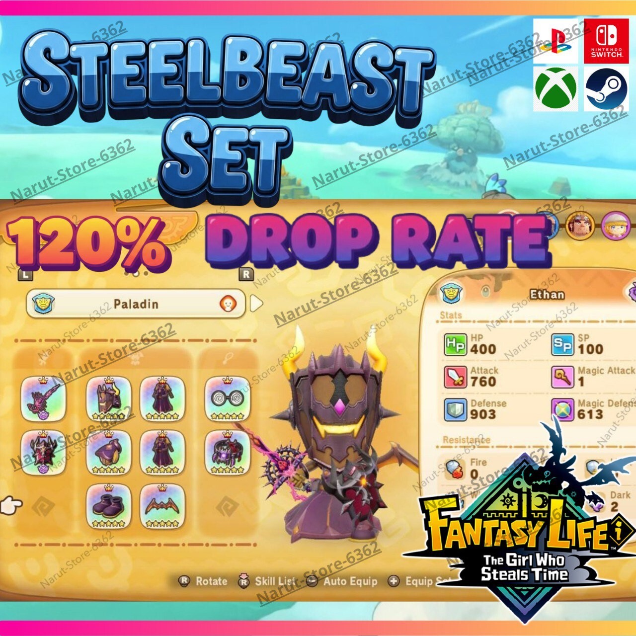 Fantasy Life I: Steel Beast Set 🌟+120% drop rate🌟 Item Weapons dosh