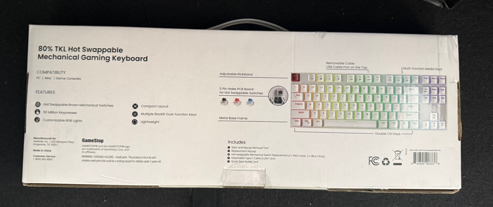 Gamestop 80% TKL Hot Swappable Brown Switch Mechanical Gaming Keyboard WHITE-NIB