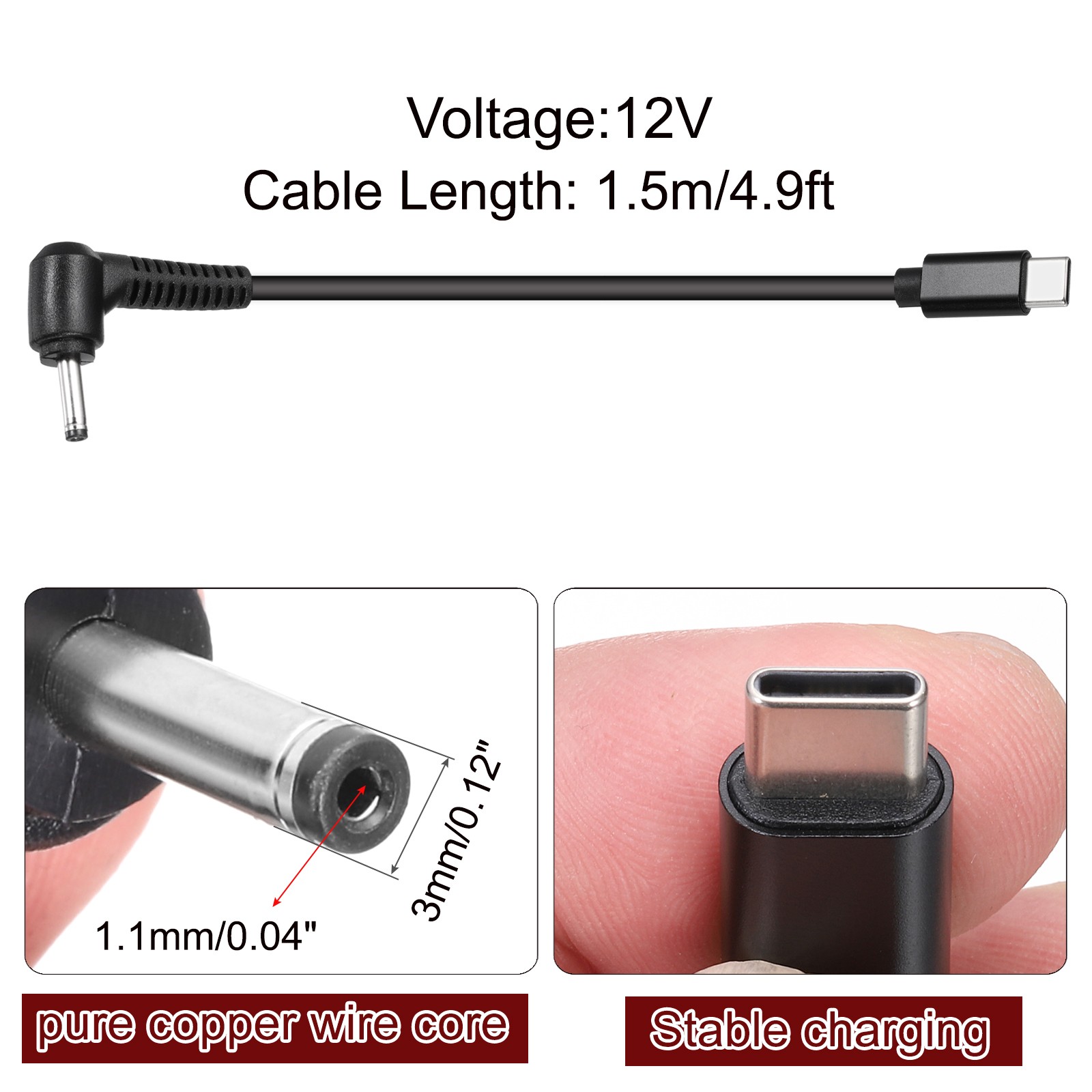 4.9FT USB C to DC PD Power Fast Charging Cable, 3mmx1.1mm 36W/12V(Black)