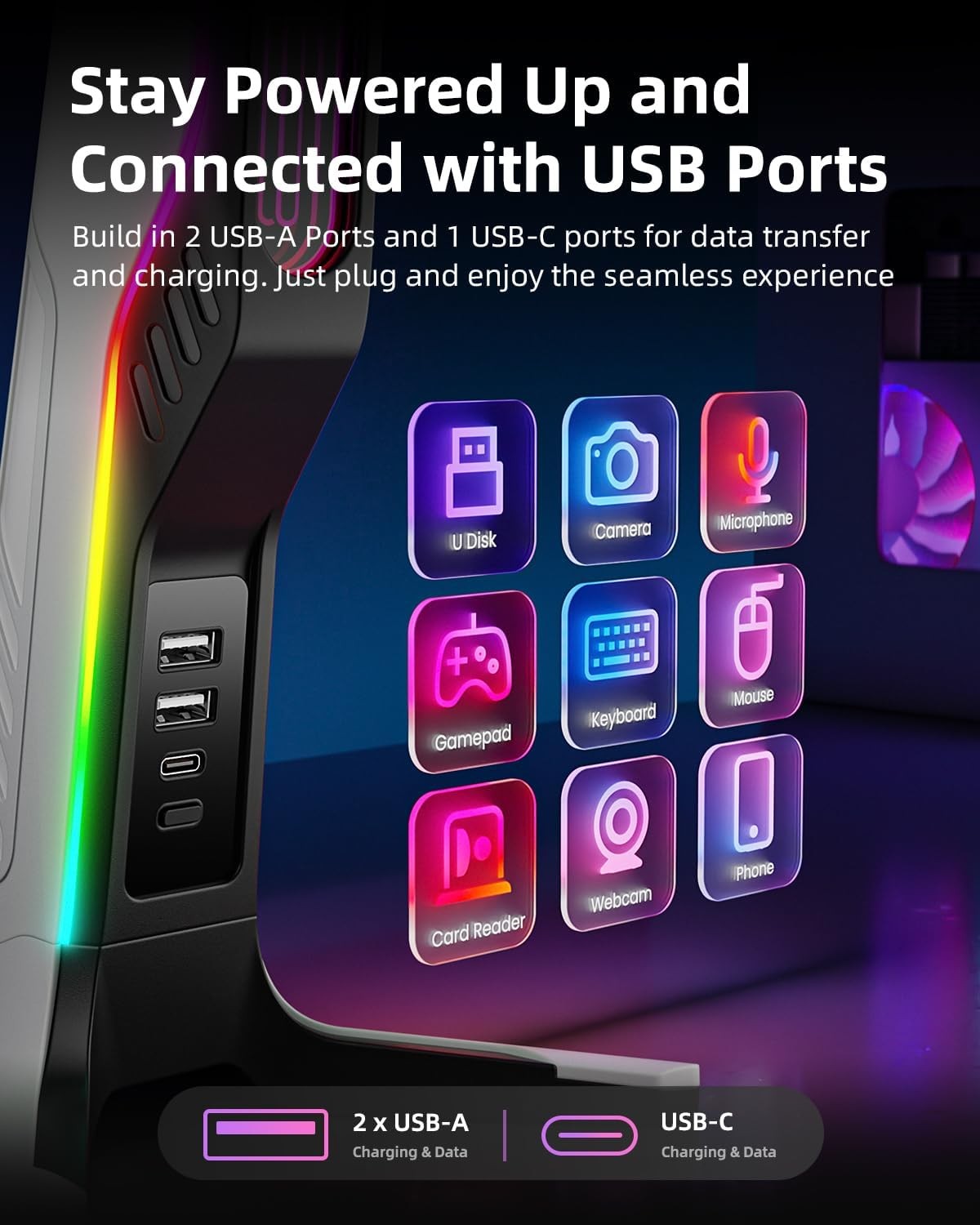 RGB Gaming Headset Stand with 2 USB and 1 C Ports Game Headphone Mount for PC