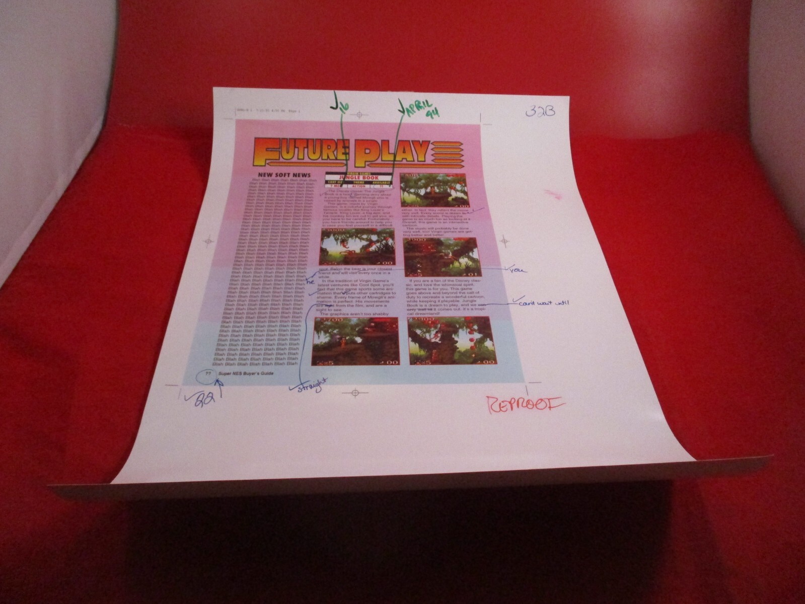 Super NES Buyer’s Guide Magazine Prototype Sheet Jungle Book “Blah Blah Blah”