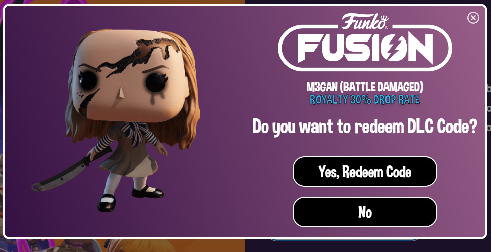 Funko Fusion M3GAN (BATTLE DAMAGED) Exclusive In-Game Content Code DLC