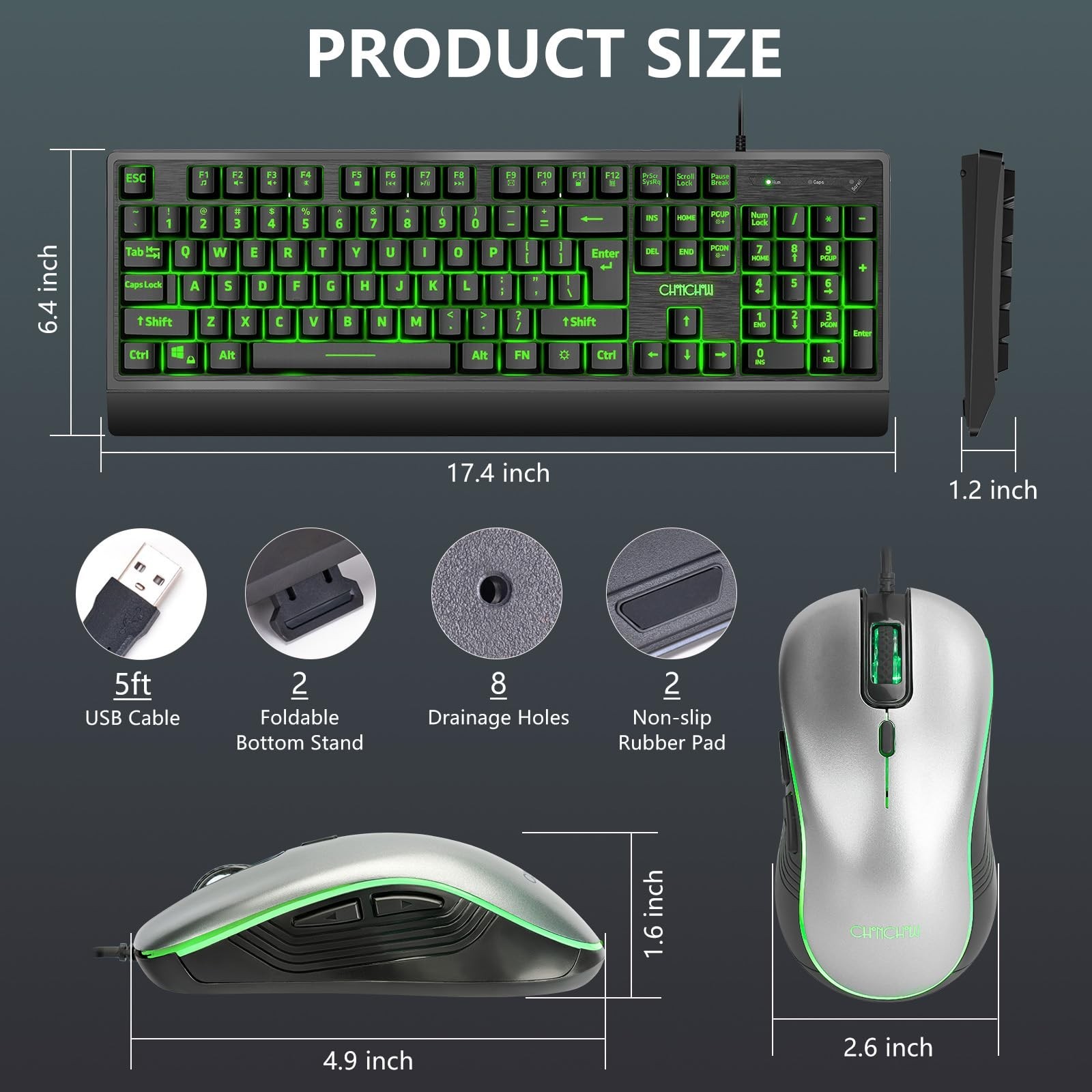 USB Wired Keyboard and Mouse Combo with Red-Yellow-Green LED, Silent Gaming K…