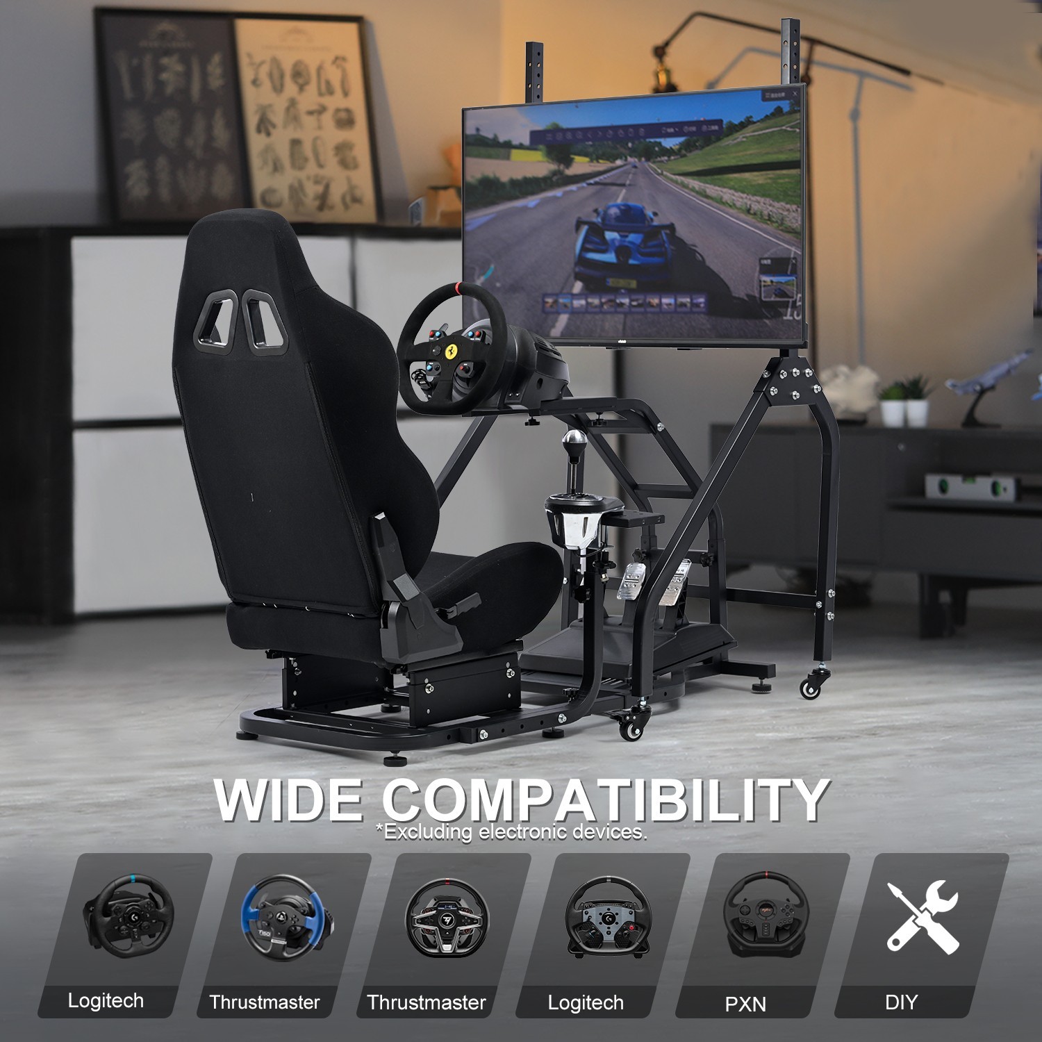 Marada Racing Simulator Cockpit With Black Seat And Monitor Stand For Logitech