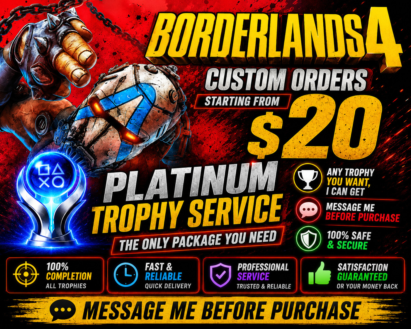 Borderlands 4 Platinum Trophy Service PS5 | 100% Completion + DLC | Custom Order