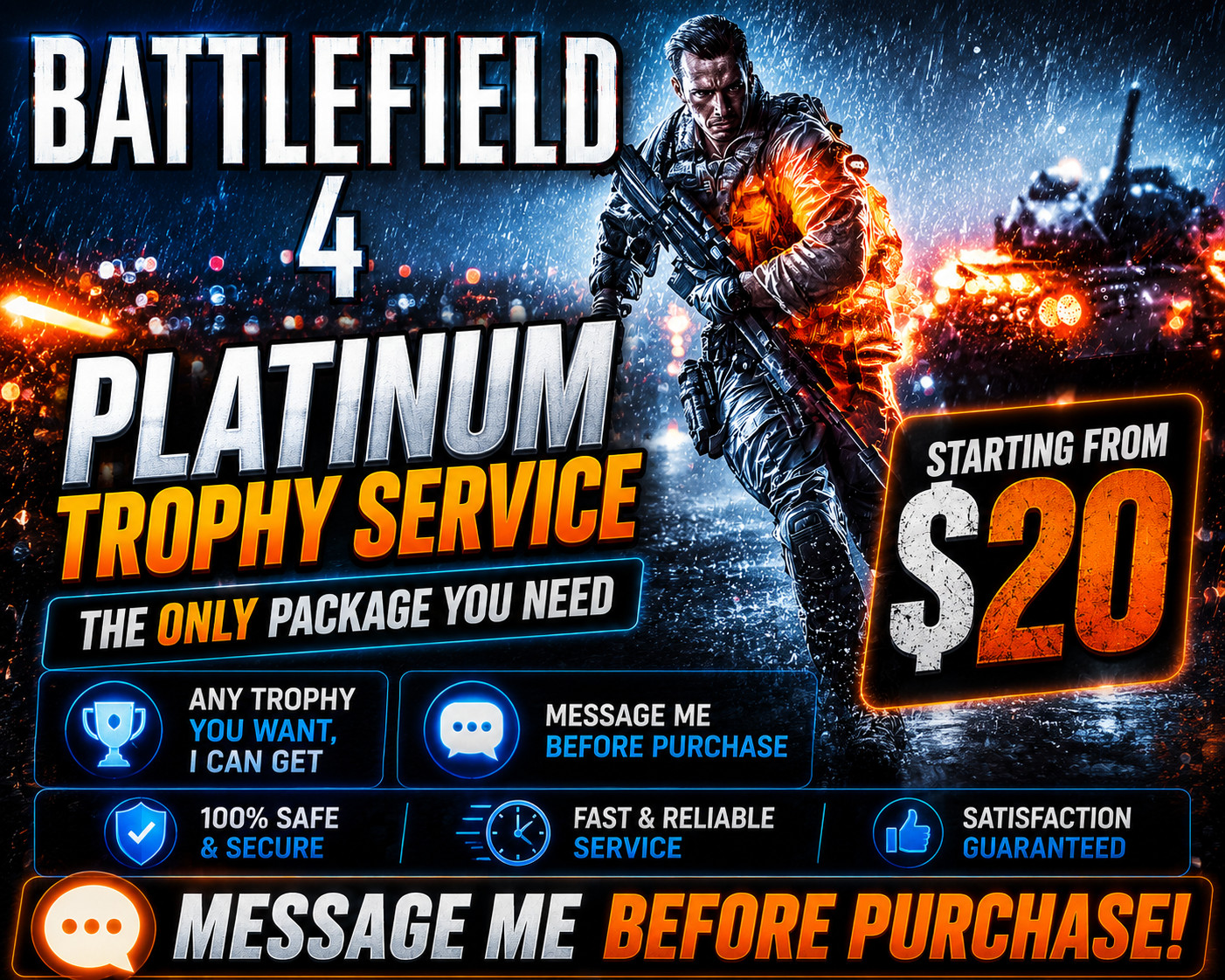 Battlefield 4 PS4 Platinum Trophy Service | 100% Completion & DLC | Custom Order