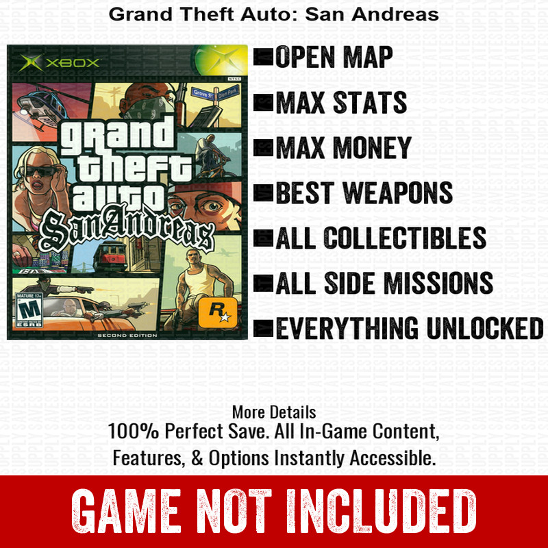 Grand Theft Auto: San Andreas 100% Unlocked All Items Xbox USB Save File