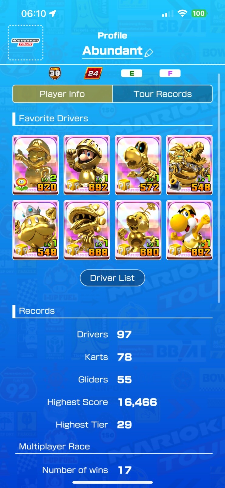 Mario Kart Tour For iOS LVL 38 With 2000 Gems + Gold Mario Exclusive + Tickets