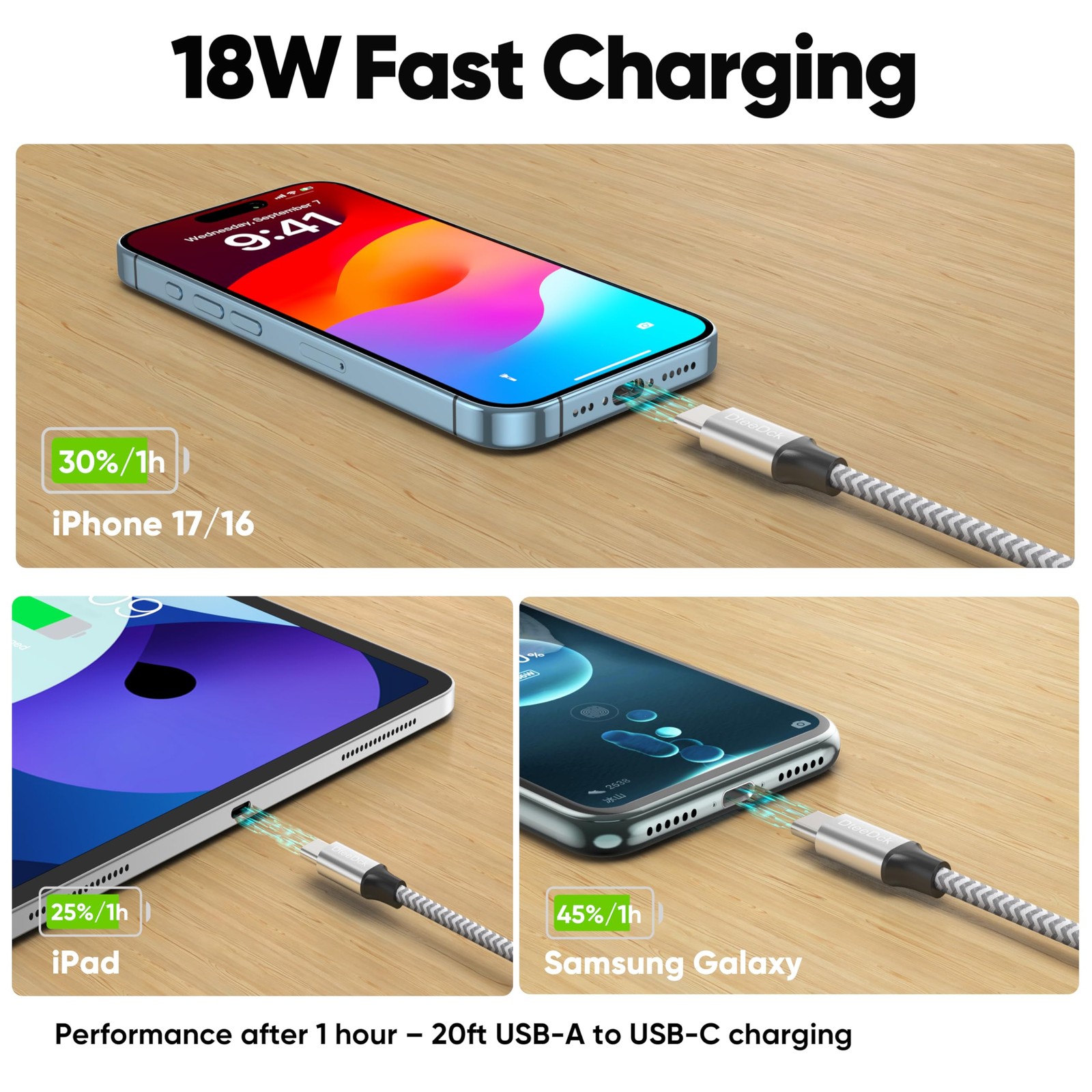20 Ft USB C Cable Extra Long, A 2.0 to Type C 18W Fast 20 Feet, Silver