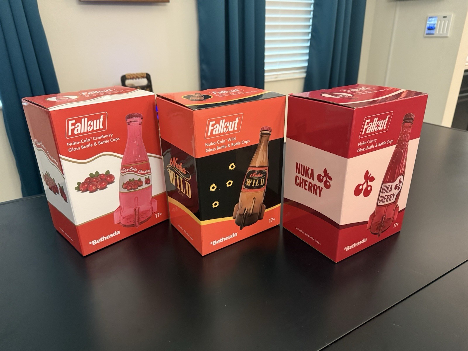 Bethesda Fallout Nuka Cola Wild, Cranberry & Cherry Glass Bottle + Caps Set