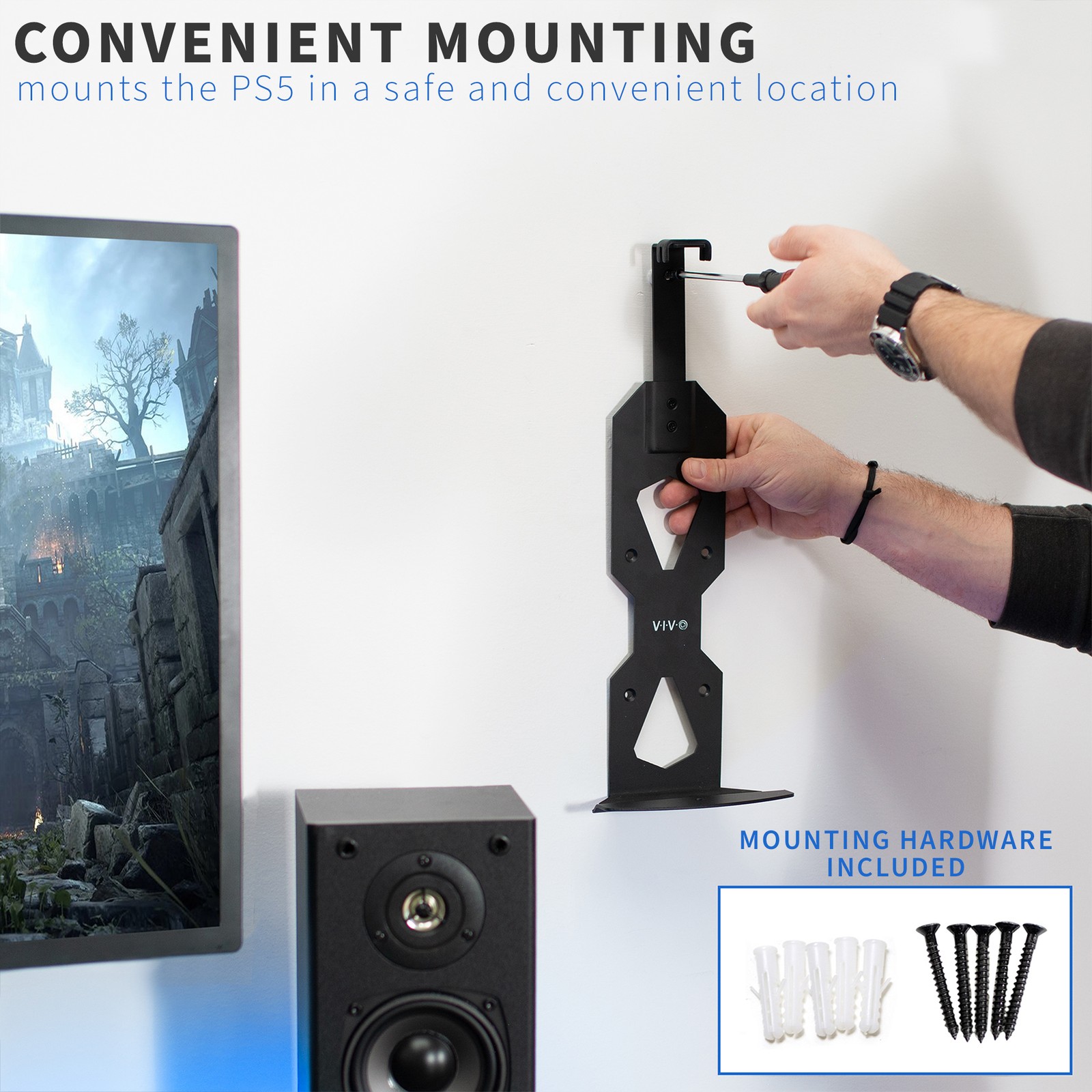 VIVO Black Steel Wall Mount Designed for PS5 Console, 2 Controller Mounts