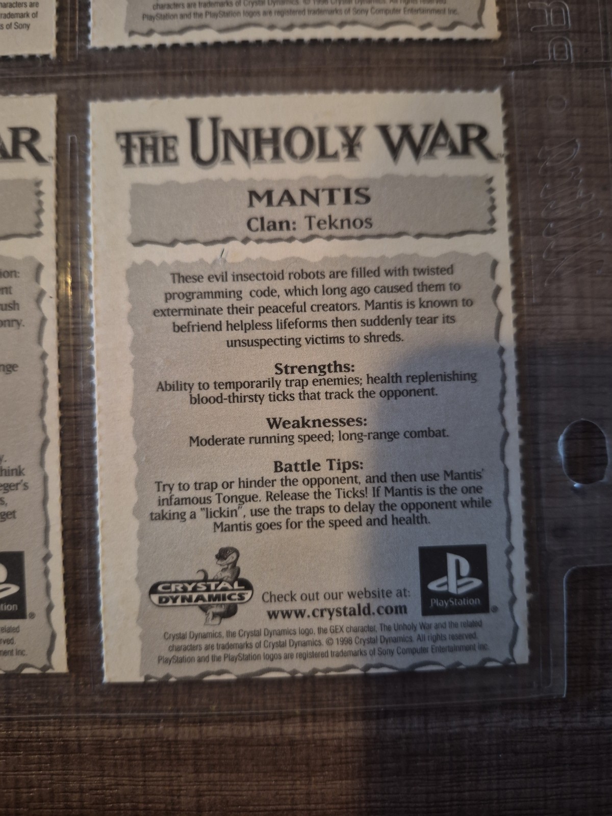 Vintage The Unholy War PlayStation 1 One character card sheet Crystal Dynamics