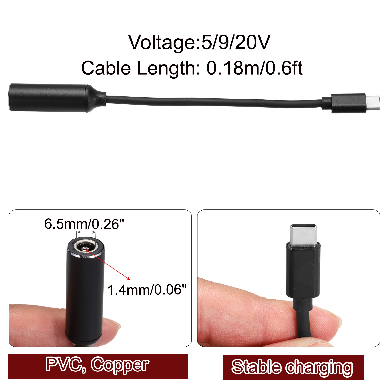 0.6FT USB C to DC PD Power Fast Charging Cable, 6.5mmx1.4mm 65W/5V/9V/20V(Black)