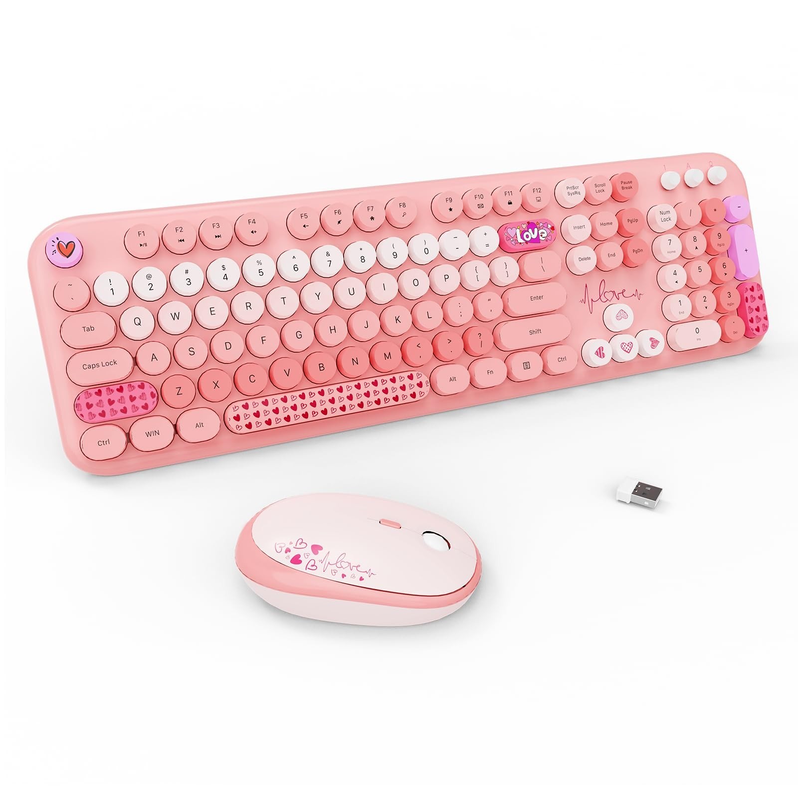 Wireless Keyboard and Mouse Combo, 104 Round Keys Full-Size Cute Colorful Pin…