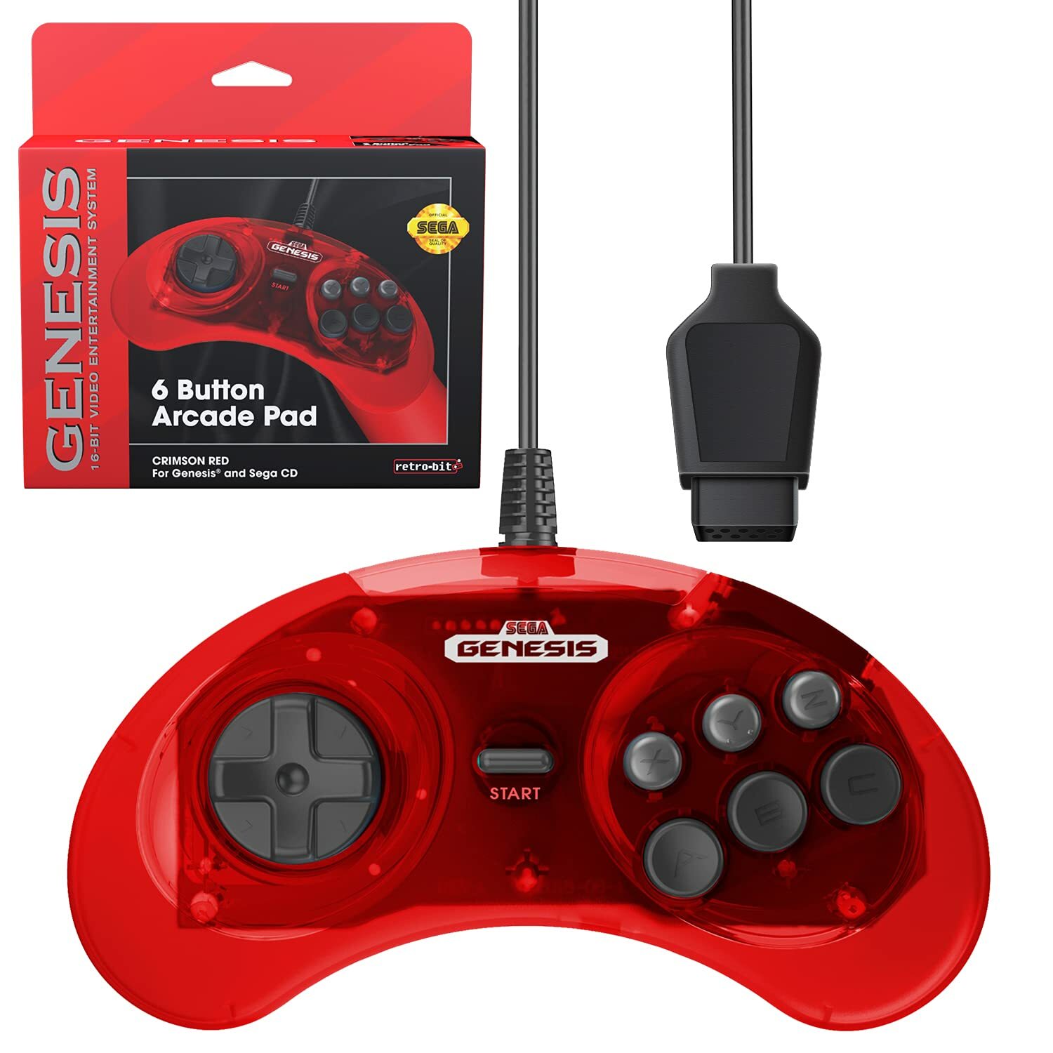Retro-Bit Official Sega Genesis 6-Button Controller Pad for Sega Genesis – Red